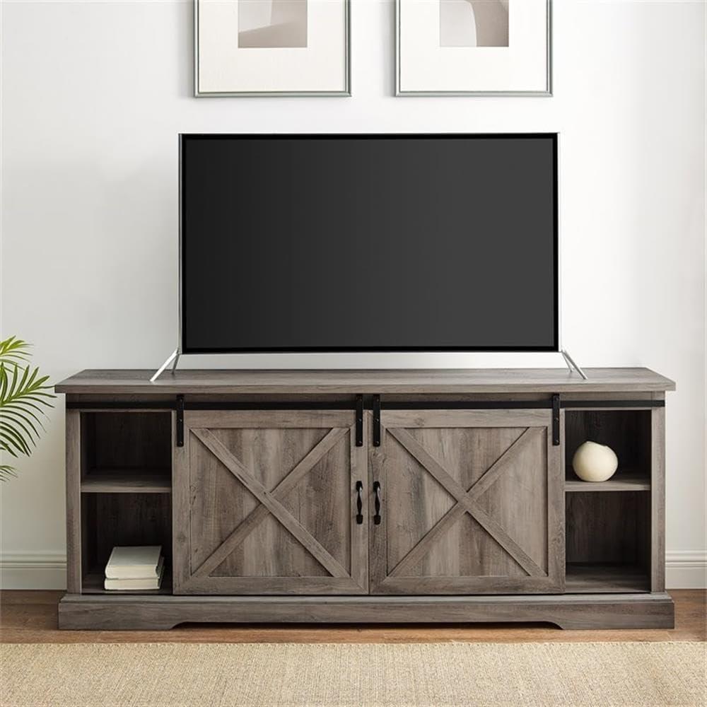 imageWalker Edison Corbin Modern Farmhouse Sliding X Barn Door TV Stand for TVs up to 80 Inches 70 Inch Reclaimed Barnwood and Brushed WhiteGrey Wash