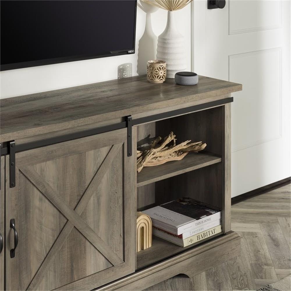 imageWalker Edison Corbin Modern Farmhouse Sliding X Barn Door TV Stand for TVs up to 80 Inches 70 Inch Reclaimed Barnwood and Brushed WhiteGrey Wash