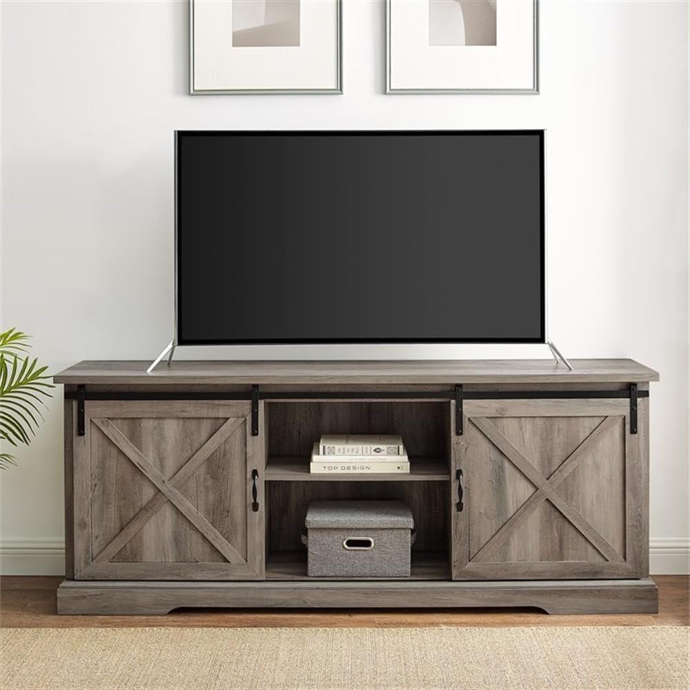 imageWalker Edison Corbin Modern Farmhouse Sliding X Barn Door TV Stand for TVs up to 80 Inches 70 Inch Reclaimed Barnwood and Brushed WhiteGrey Wash