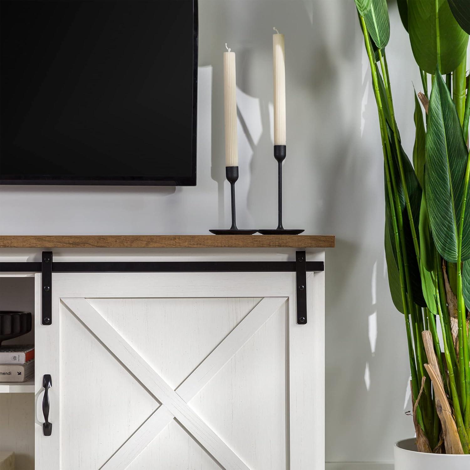 imageWalker Edison Corbin Modern Farmhouse Sliding X Barn Door TV Stand for TVs up to 80 Inches 70 Inch Reclaimed Barnwood and Brushed WhiteWhite