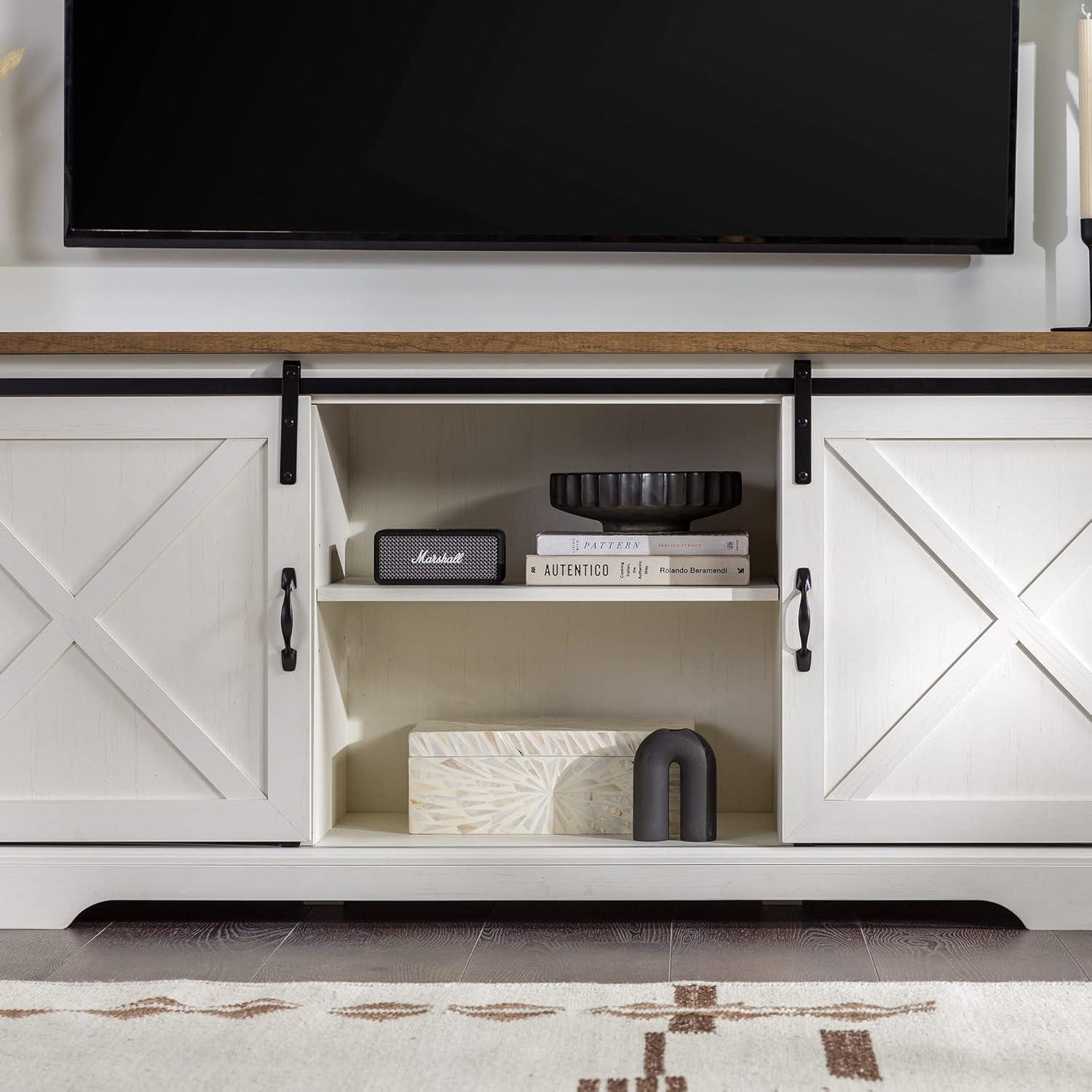 imageWalker Edison Corbin Modern Farmhouse Sliding X Barn Door TV Stand for TVs up to 80 Inches 70 Inch Reclaimed Barnwood and Brushed WhiteWhite