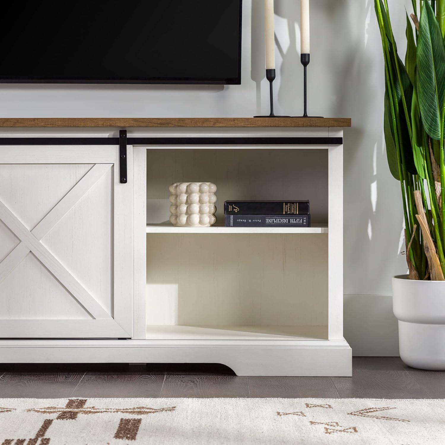 imageWalker Edison Corbin Modern Farmhouse Sliding X Barn Door TV Stand for TVs up to 80 Inches 70 Inch Reclaimed Barnwood and Brushed WhiteWhite