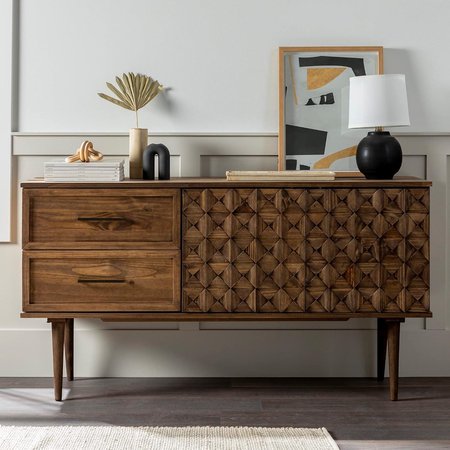 imageWalker Edison Deluca Boho Solid Wood 2 Door Sideboard with Prism Detail 58 Inch CaramelBrown