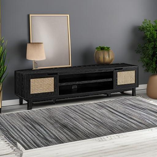 imageWalker Edison Destin Modern Minimal RattanDoor Stand for TVs up to 80 Inches 70 Inch Coastal OakBlack