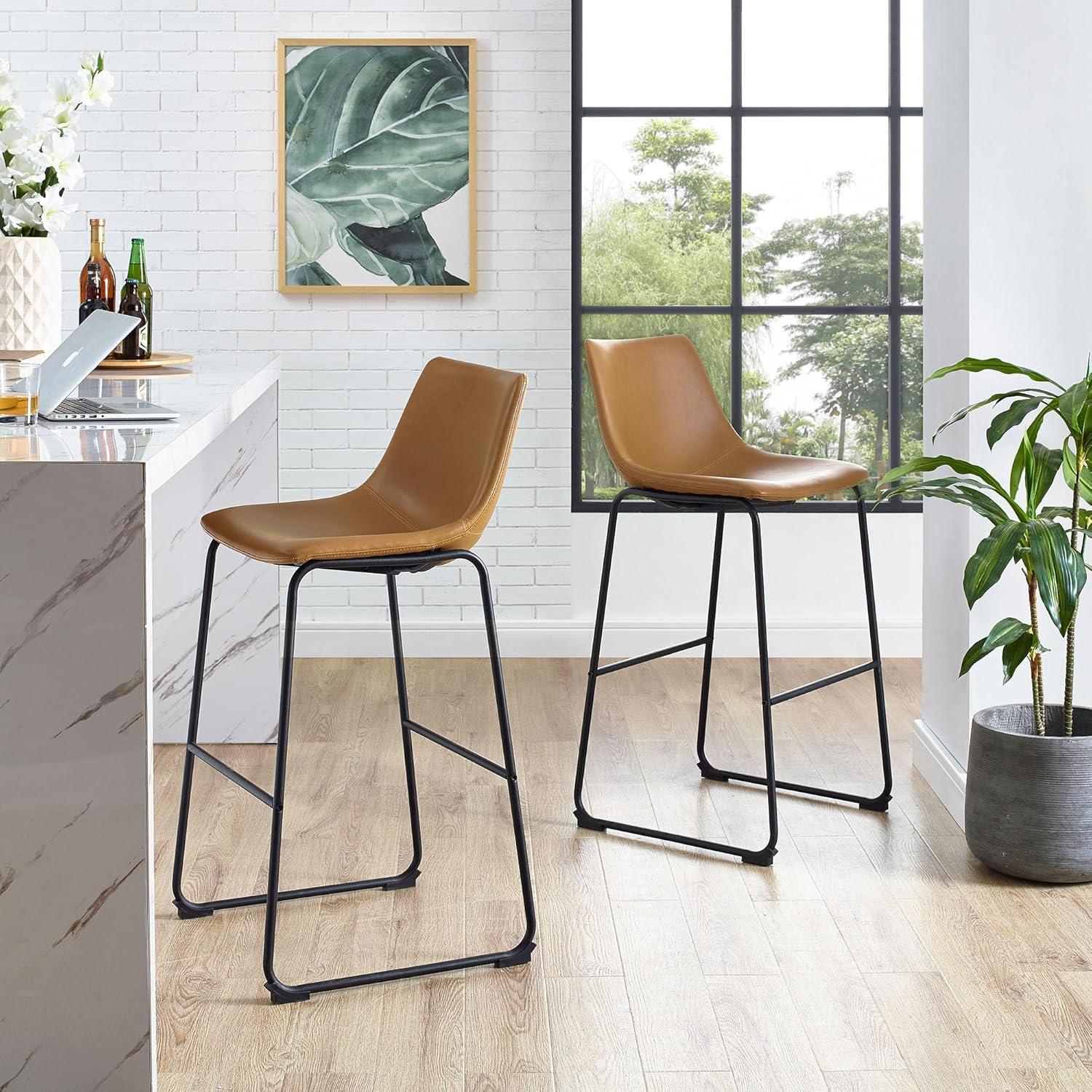 imageWalker Edison Douglas Urban Industrial Faux Leather Armless Bar Chairs Set of 2 BlackWhiskey Brown