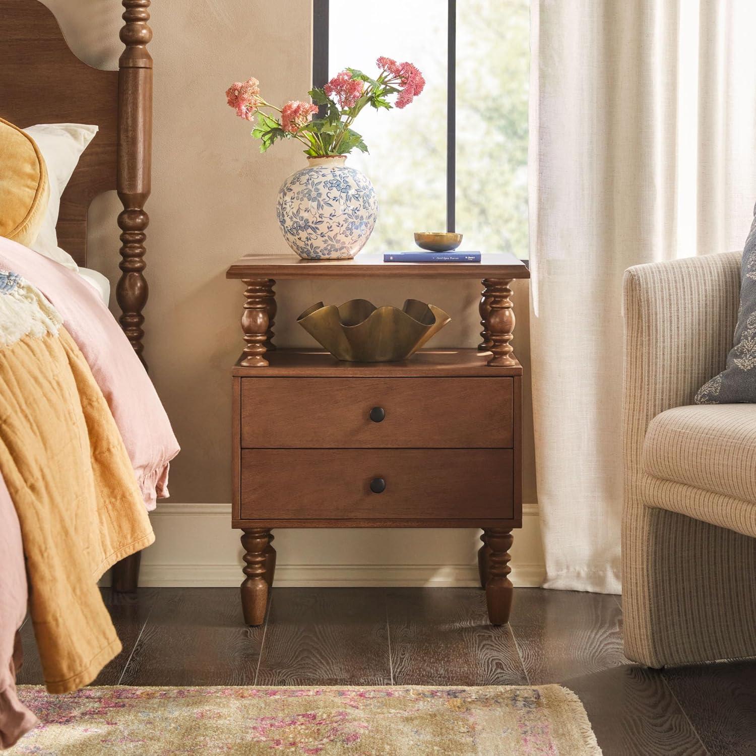 imageWalker Edison Easy Assembly Wood 1 Drawer Spindle Nightstand NaturalDark Brown