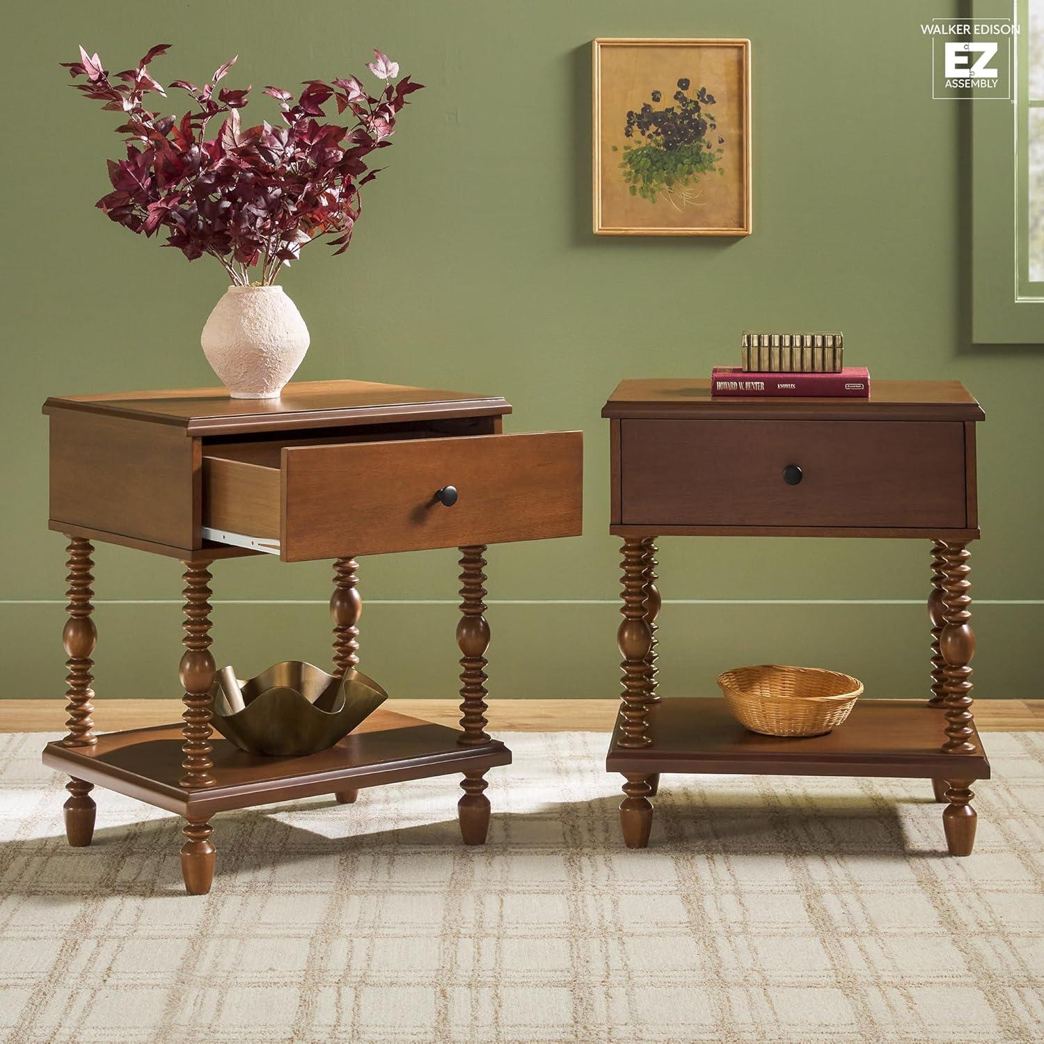 imageWalker Edison Easy Assembly Wood 1 Drawer Spindle Nightstand NaturalDark Brown