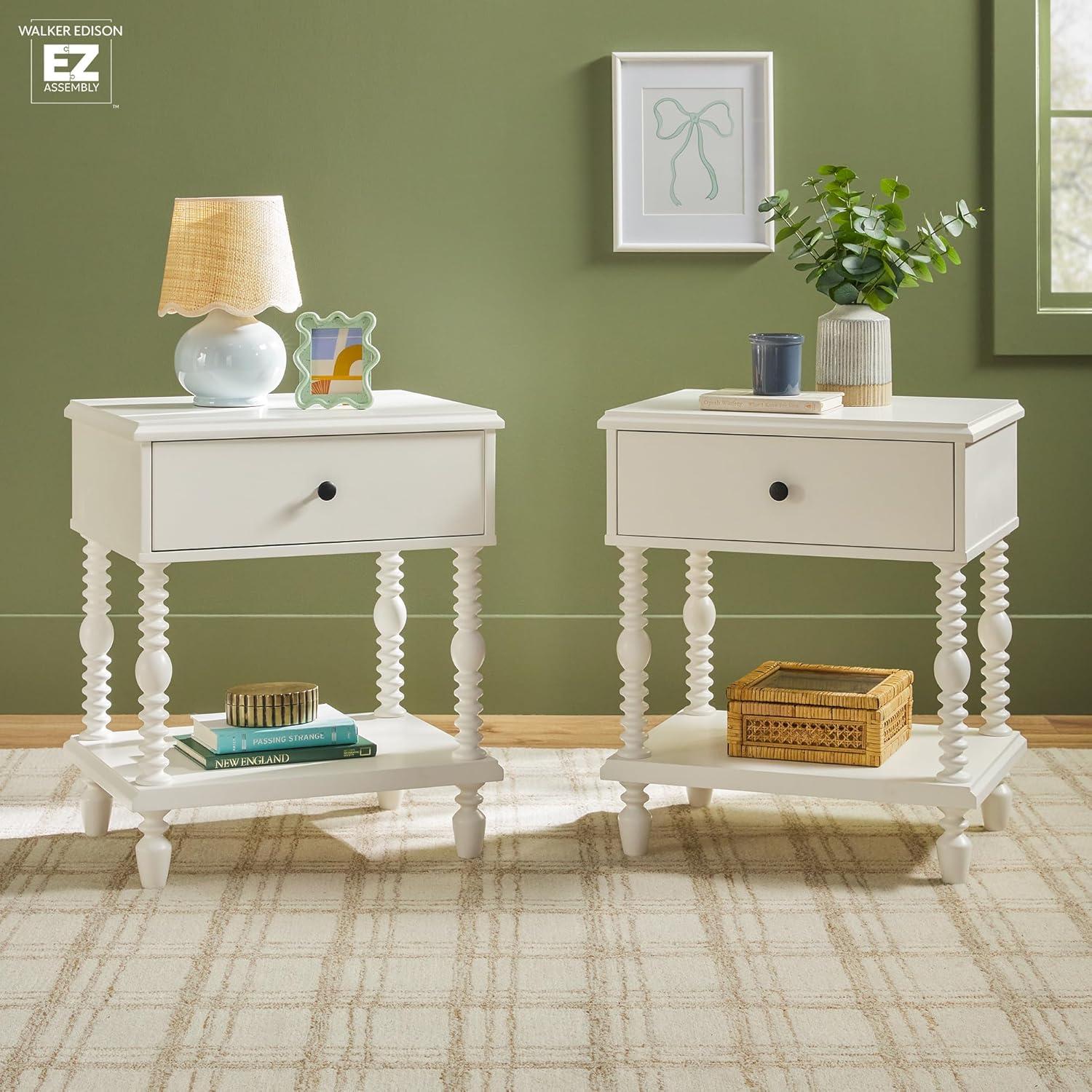 imageWalker Edison Easy Assembly Wood 1 Drawer Spindle Nightstand NaturalWhite