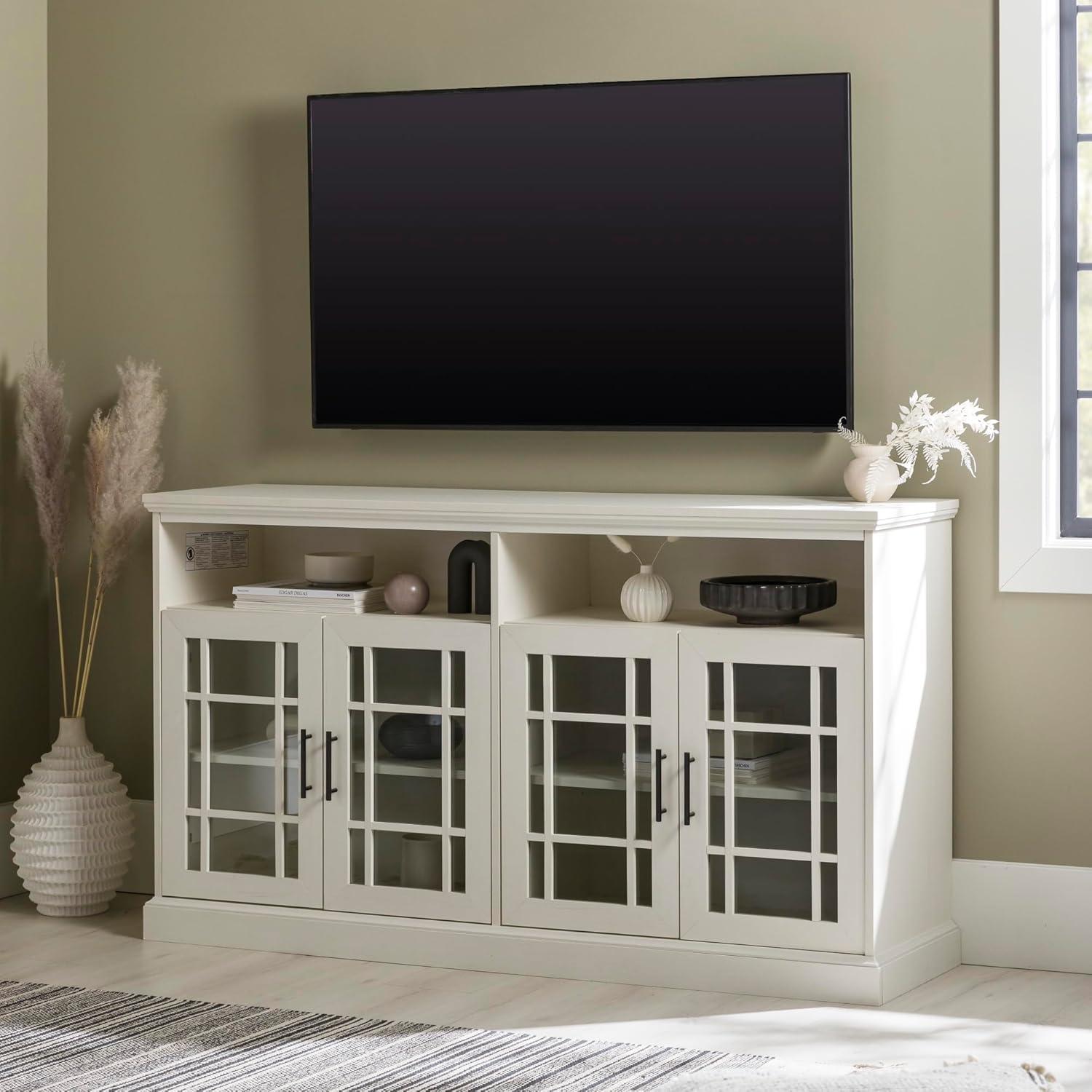 imageWalker Edison Emelia Classic Detailed Glass Door Tall TV Stand for TVs up to 65 Inches 58 Inch Brushed White