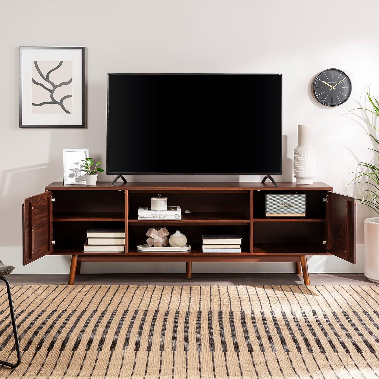 imageWalker Edison Emery Mid Century Modern Solid Wood TV Stand for TVs up to 80 Inches 70 Inch CaramelWalnut