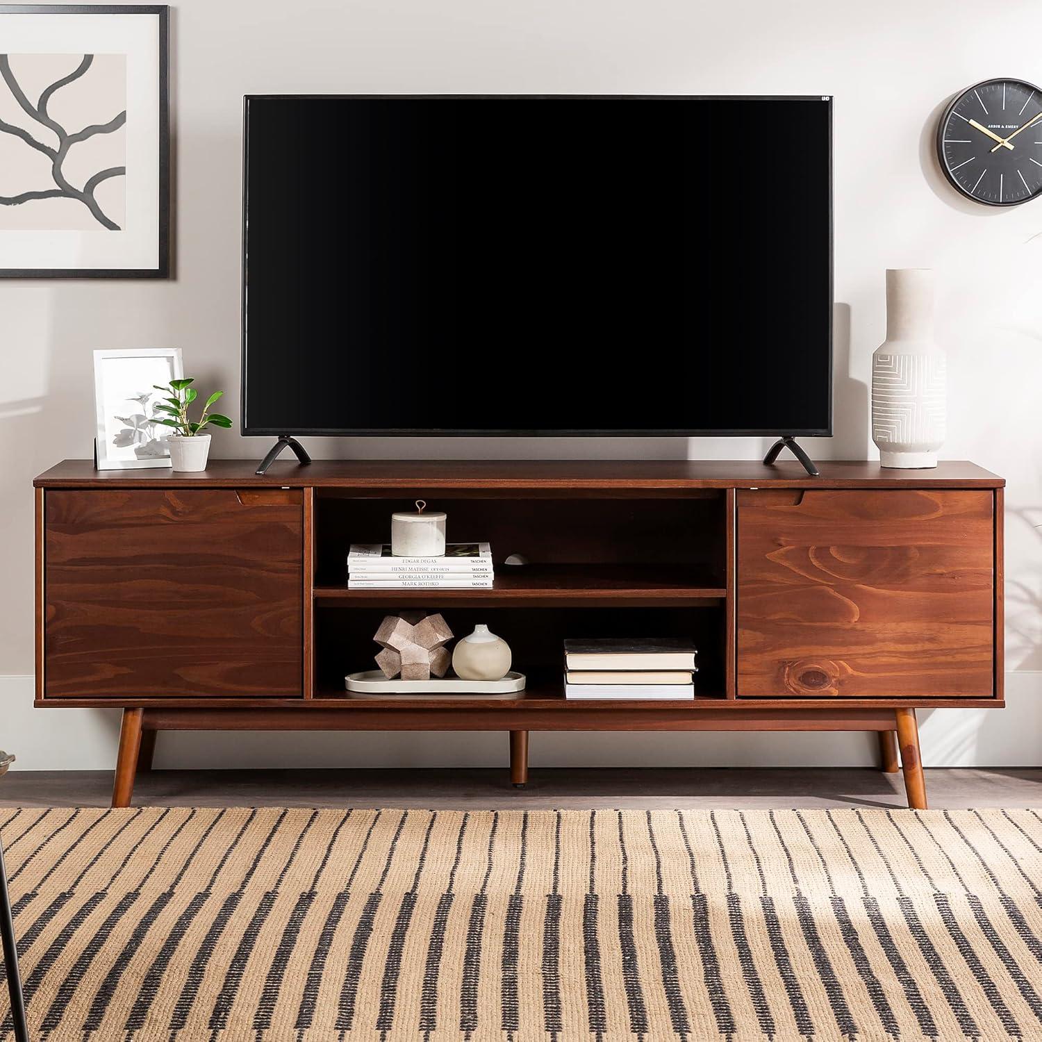 imageWalker Edison Emery Mid Century Modern Solid Wood TV Stand for TVs up to 80 Inches 70 Inch CaramelWalnut