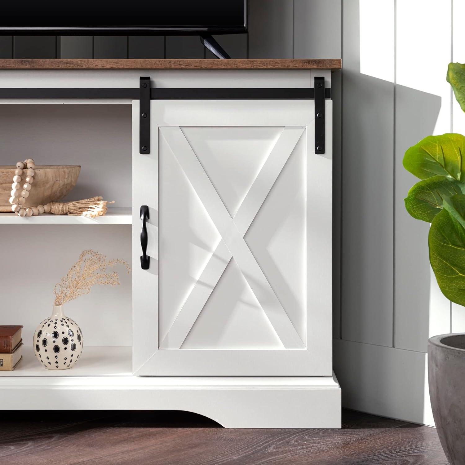 imageWalker Edison Everette Modern Farmhouse Double Sliding X Barn Door Stand for TVs up to 58 Inches 52 Inch Reclaimed Barnwood and Solid WhiteReclaimed Barnwood and Solid White