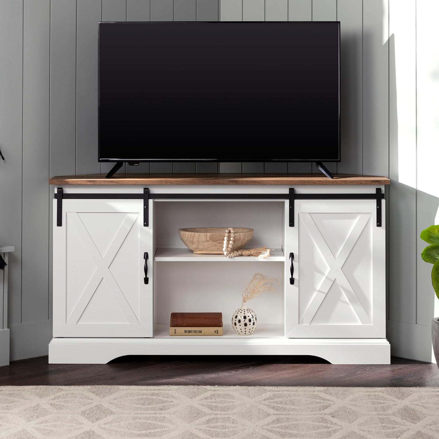 imageWalker Edison Everette Modern Farmhouse Double Sliding X Barn Door Stand for TVs up to 58 Inches 52 Inch Reclaimed Barnwood and Solid WhiteReclaimed Barnwood and Solid White