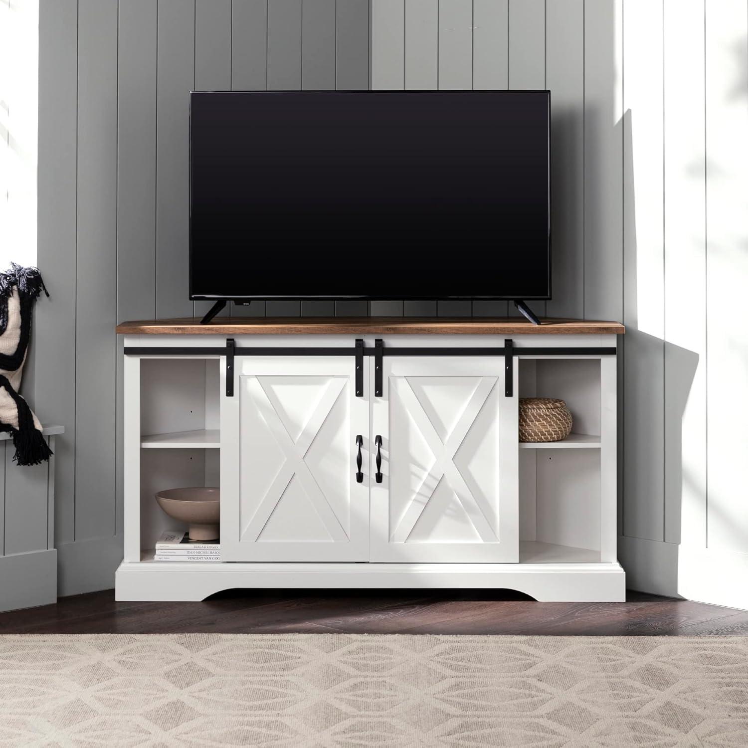 imageWalker Edison Everette Modern Farmhouse Double Sliding X Barn Door Stand for TVs up to 58 Inches 52 Inch Reclaimed Barnwood and Solid WhiteReclaimed Barnwood and Solid White