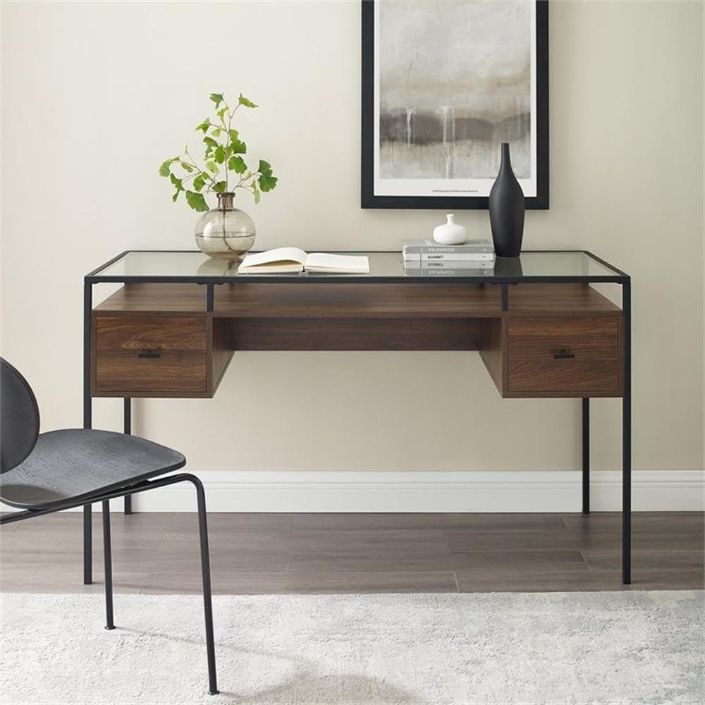 imageWalker Edison Furniture AZ56FUL2DGTDW Glass Top 2 DraWalker Edisonr Computer Writing Desk 56 Dark WalnutDark Walnut