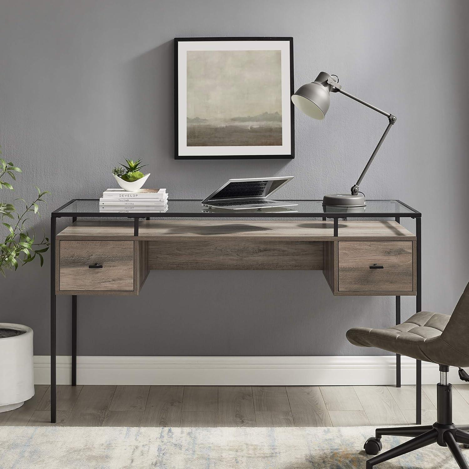 imageWalker Edison Furniture AZ56FUL2DGTDW Glass Top 2 DraWalker Edisonr Computer Writing Desk 56 Dark WalnutGrey Wash