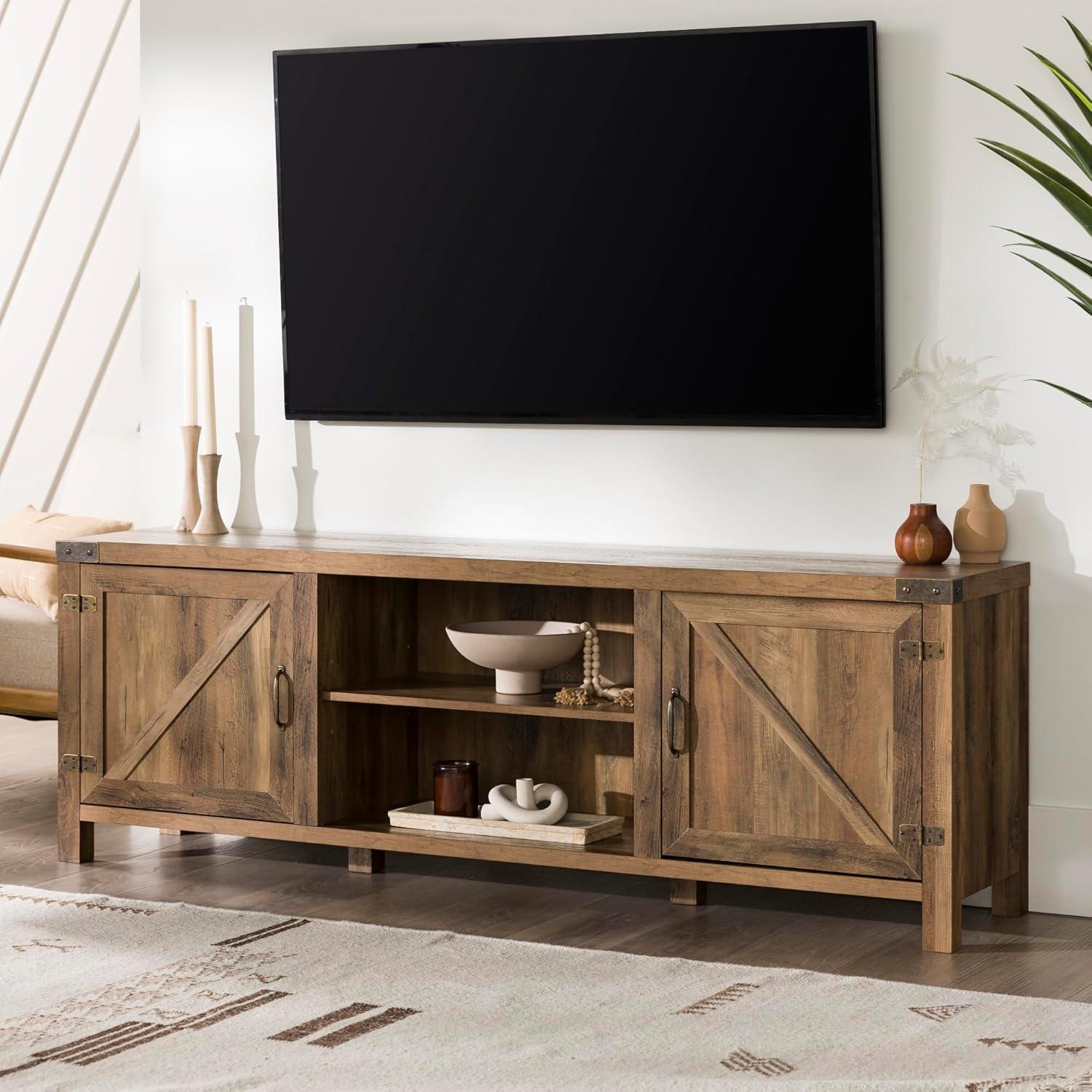 imageWalker Edison Georgetown Modern Farmhouse Double Barn Door TV Stand for TVs up to 80 Inches 70 Inch Rustic Oak Without Fireplace 1575 x 70 x 24 inchesRustic Oak