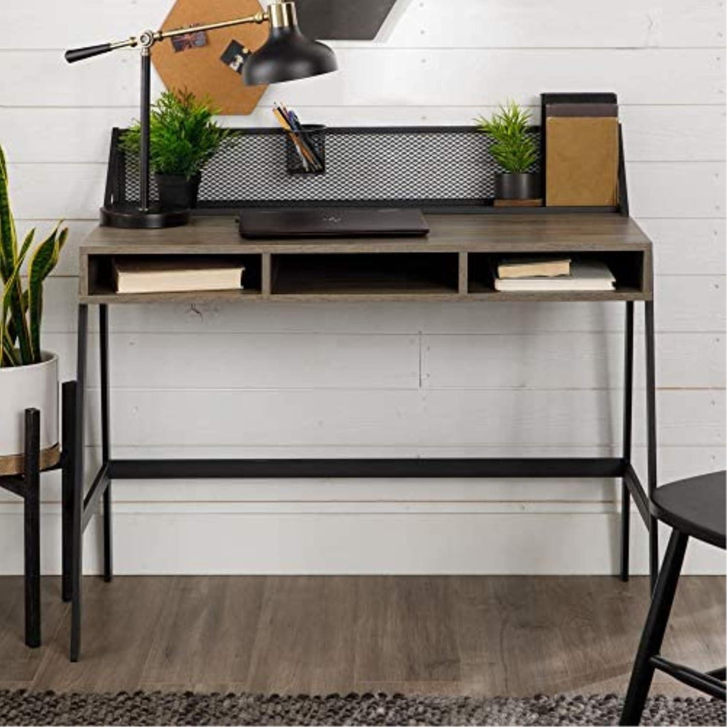 imageWalker Edison Industrial Mesh Wood Laptop Computer Writing Desk Home Office Workstation Small 42 Inch Dark WalnutSlate Grey