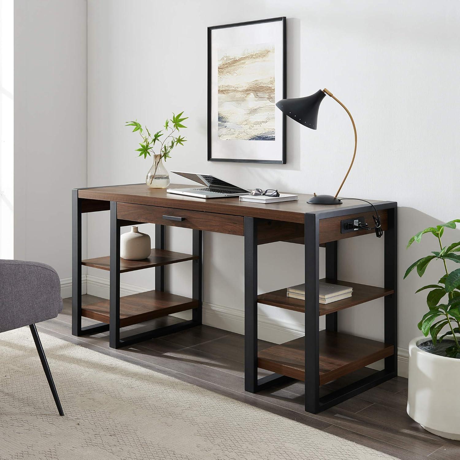 imageWalker Edison Industrial Wood Computer Writing Desk 4 Storage Shelves and Gaming Gamer Command Center Workstation Desk Home Office 60 Inch Dark WalnutDark Walnut