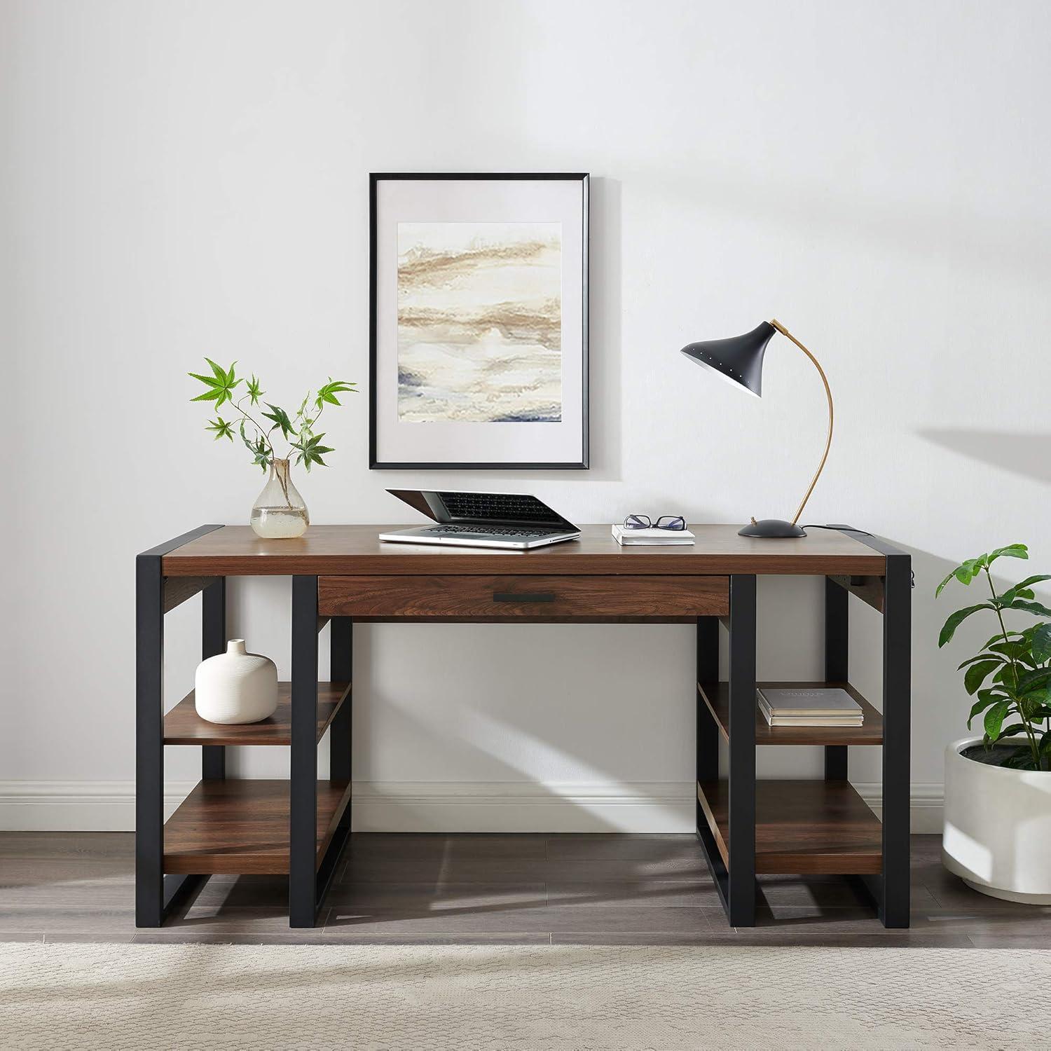 imageWalker Edison Industrial Wood Computer Writing Desk 4 Storage Shelves and Gaming Gamer Command Center Workstation Desk Home Office 60 Inch Dark WalnutDark Walnut