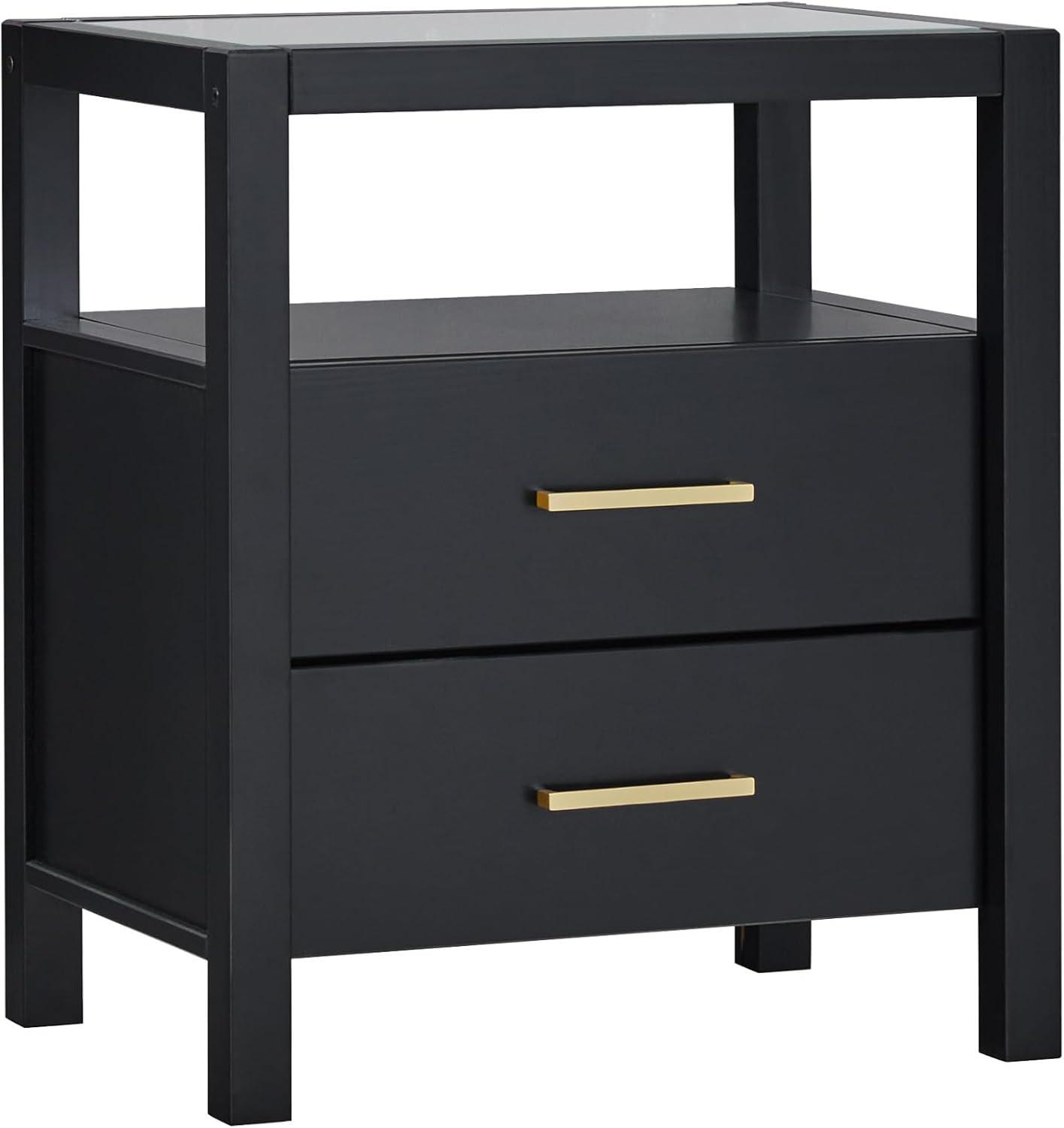 imageWalker Edison Isla Modern Solid Wood 2 Drawer Nightstand Side Table with Glass Top 22 Inch BlackBlack