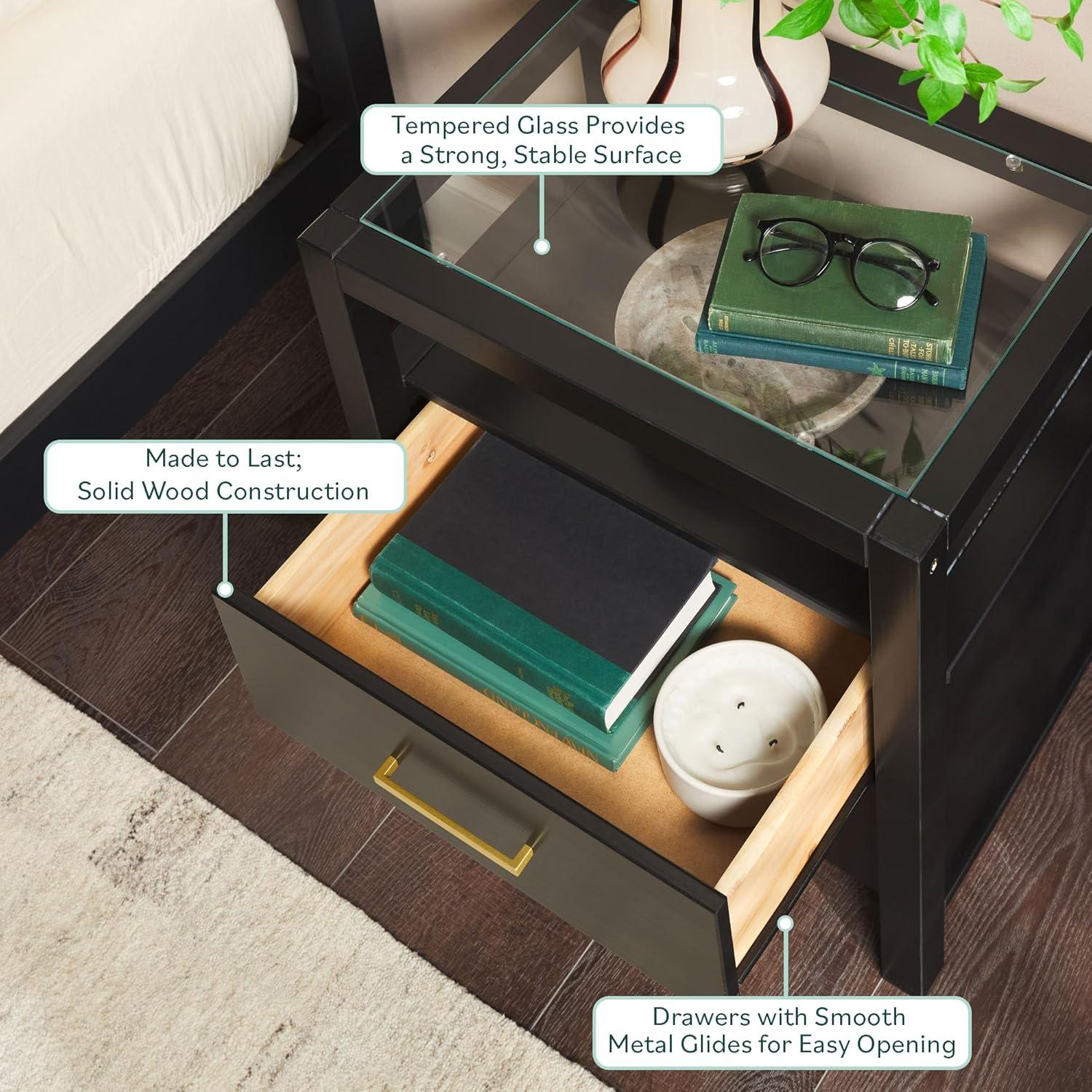 imageWalker Edison Isla Modern Solid Wood 2 Drawer Nightstand Side Table with Glass Top 22 Inch BlackBlack