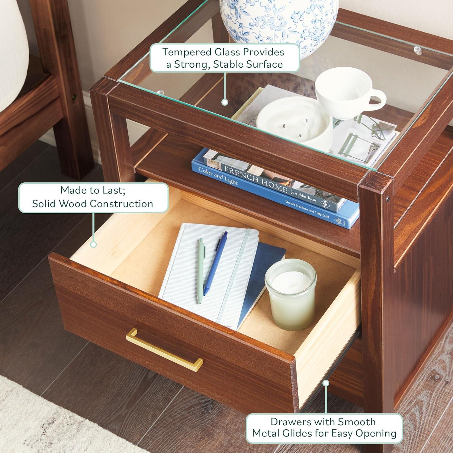 imageWalker Edison Isla Modern Solid Wood 2 Drawer Nightstand Side Table with Glass Top 22 Inch BlackWalnut