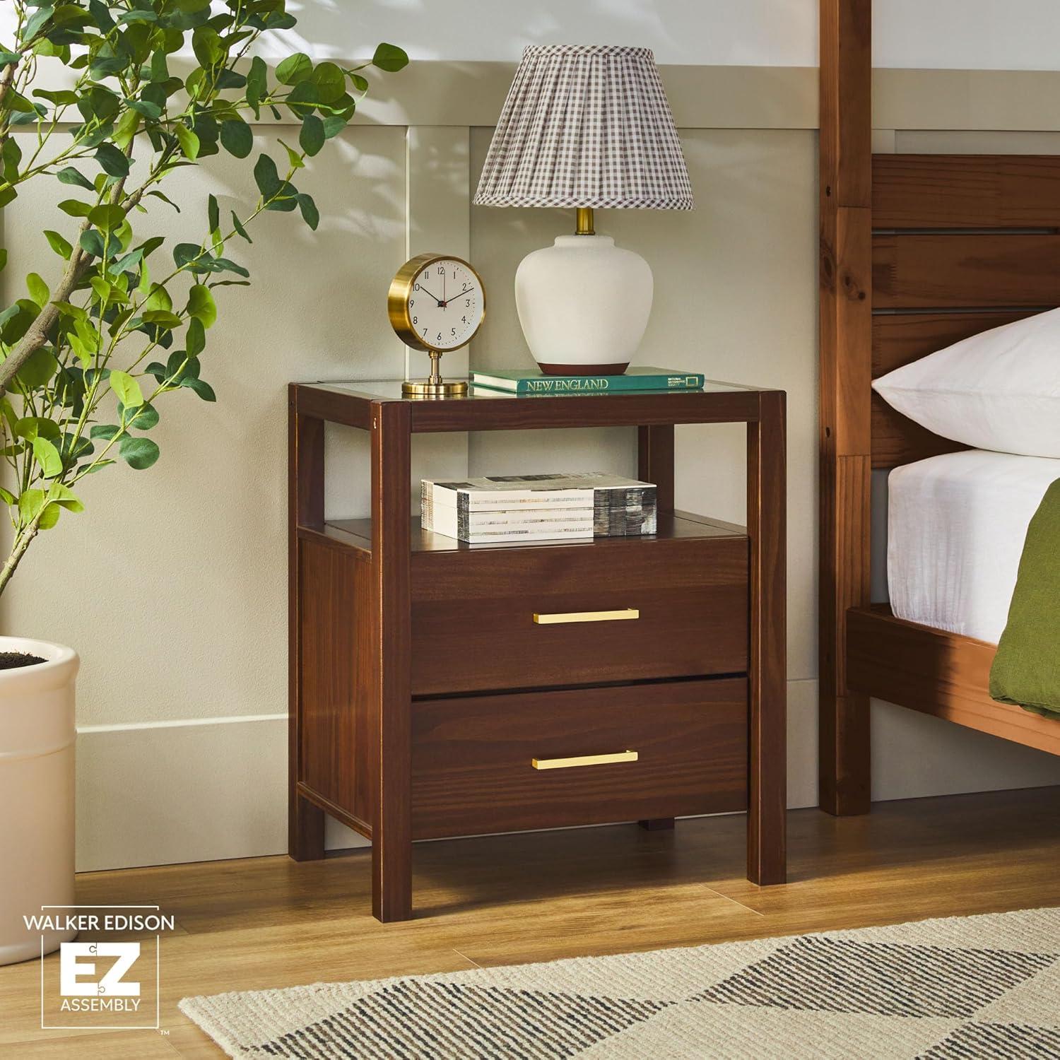 imageWalker Edison Isla Modern Solid Wood 2 Drawer Nightstand Side Table with Glass Top 22 Inch BlackWalnut