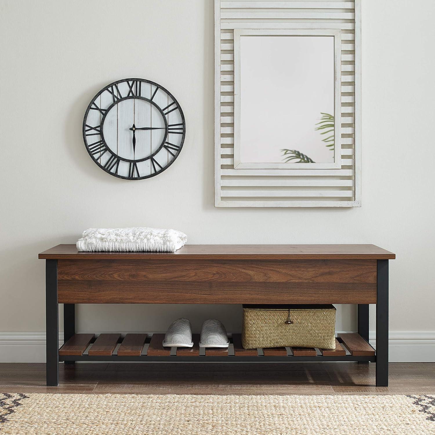 imageWalker Edison Julian Rustic Farmhouse Lift Top Entry Bench with Bottom Rack 48 Inch BarnwoodDark Walnut