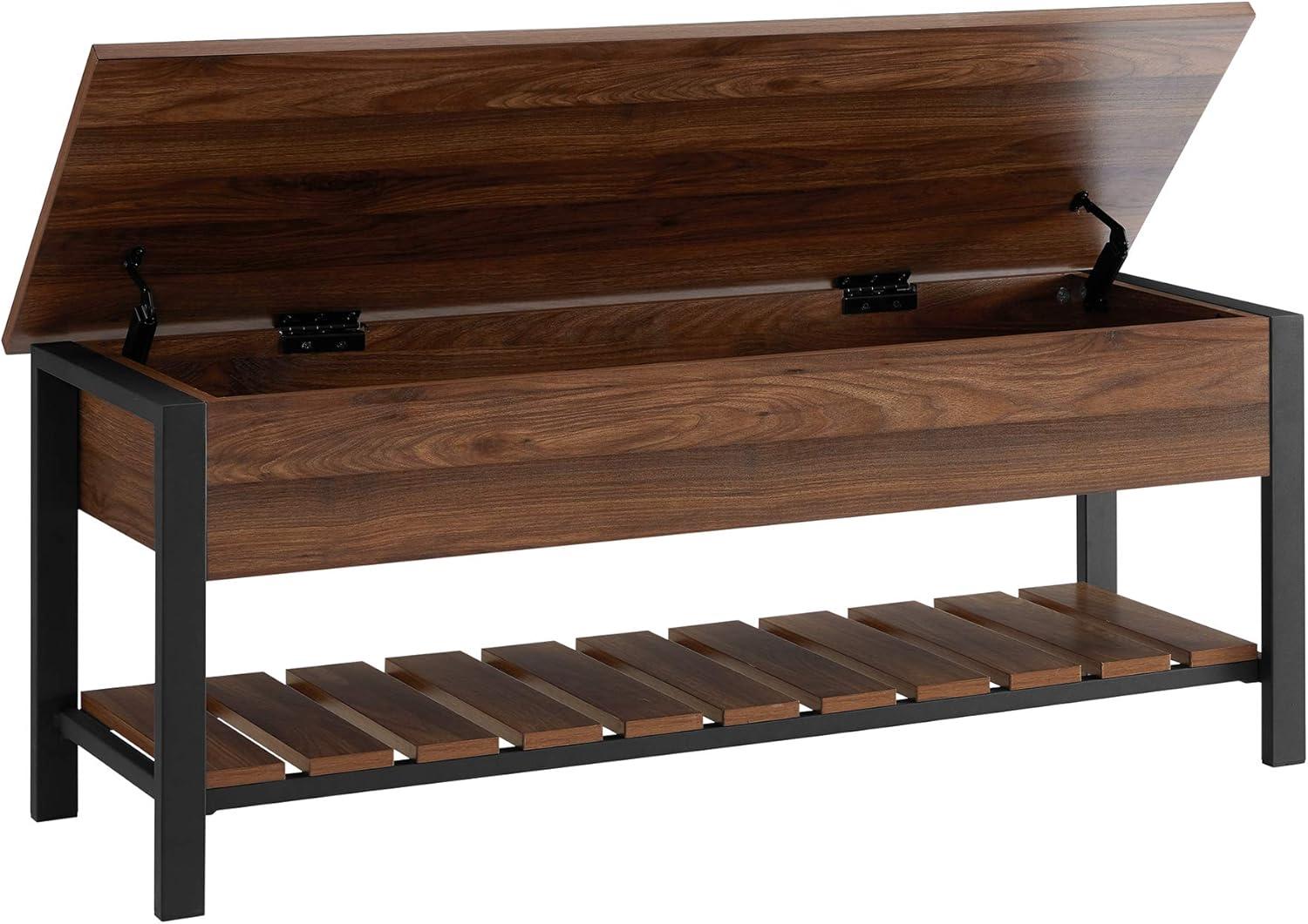imageWalker Edison Julian Rustic Farmhouse Lift Top Entry Bench with Bottom Rack 48 Inch BarnwoodDark Walnut