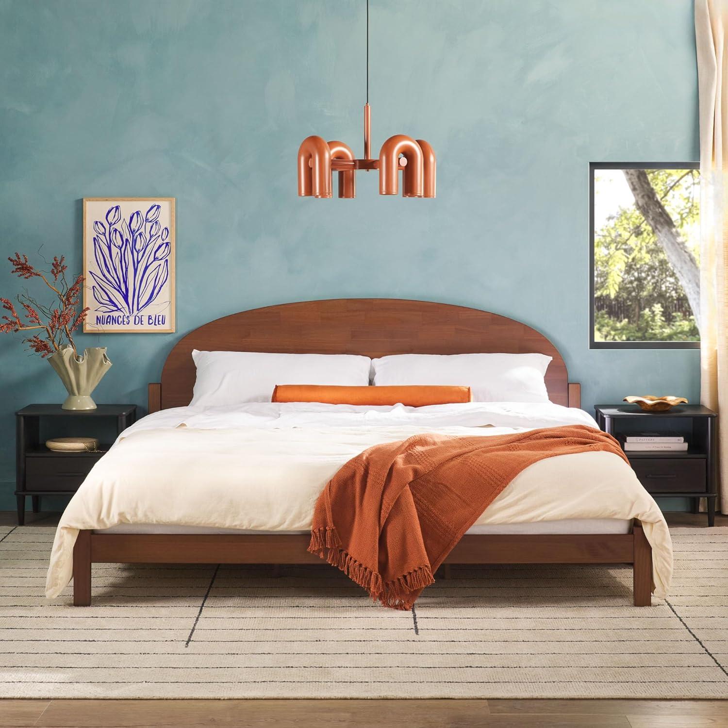 imageWalker Edison King Boho Arched Headboard Solid Pine Bed Platform Style No Box Spring Required Modern Curved Design King Size Cerused WhiteBrown