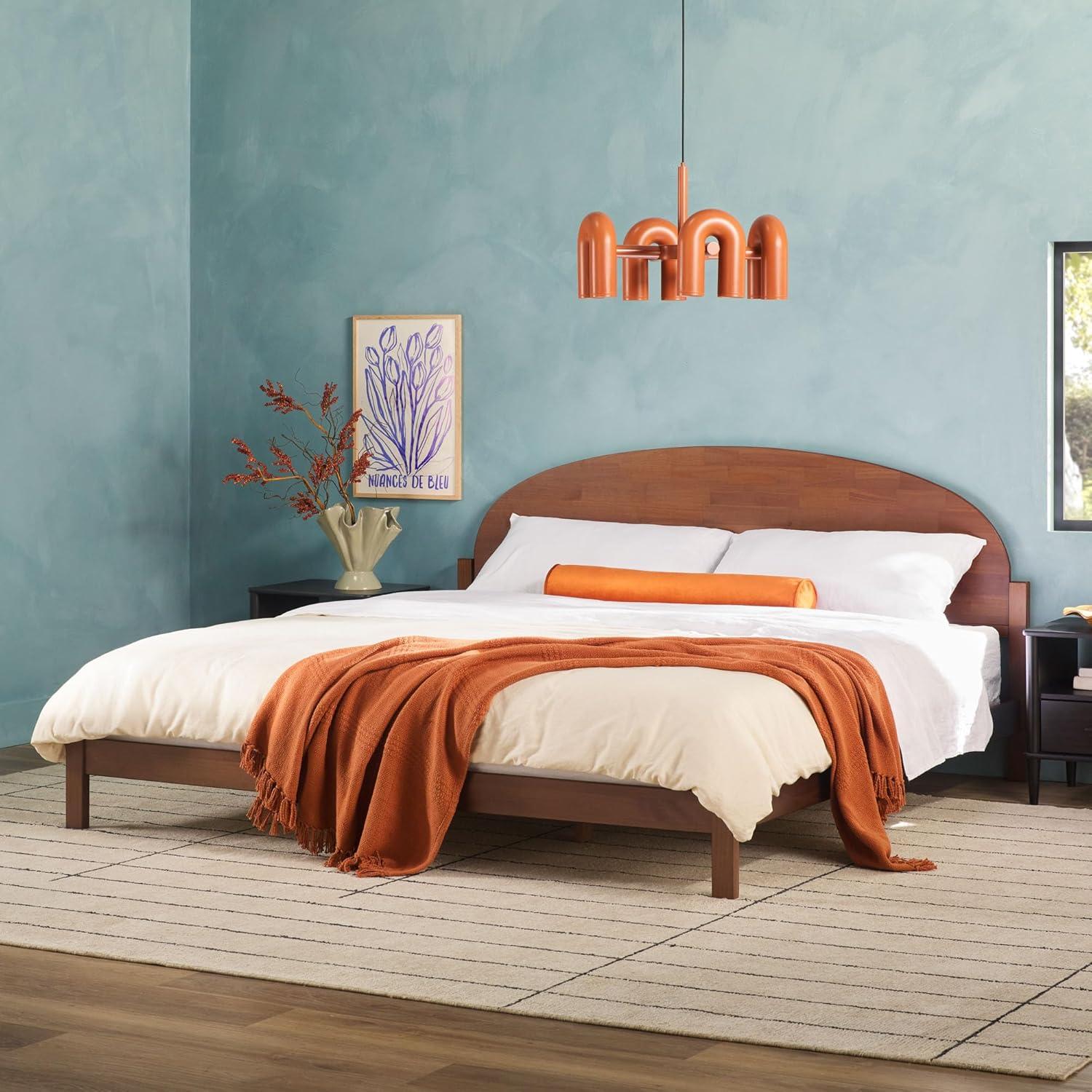 imageWalker Edison King Boho Arched Headboard Solid Pine Bed Platform Style No Box Spring Required Modern Curved Design King Size Cerused WhiteBrown