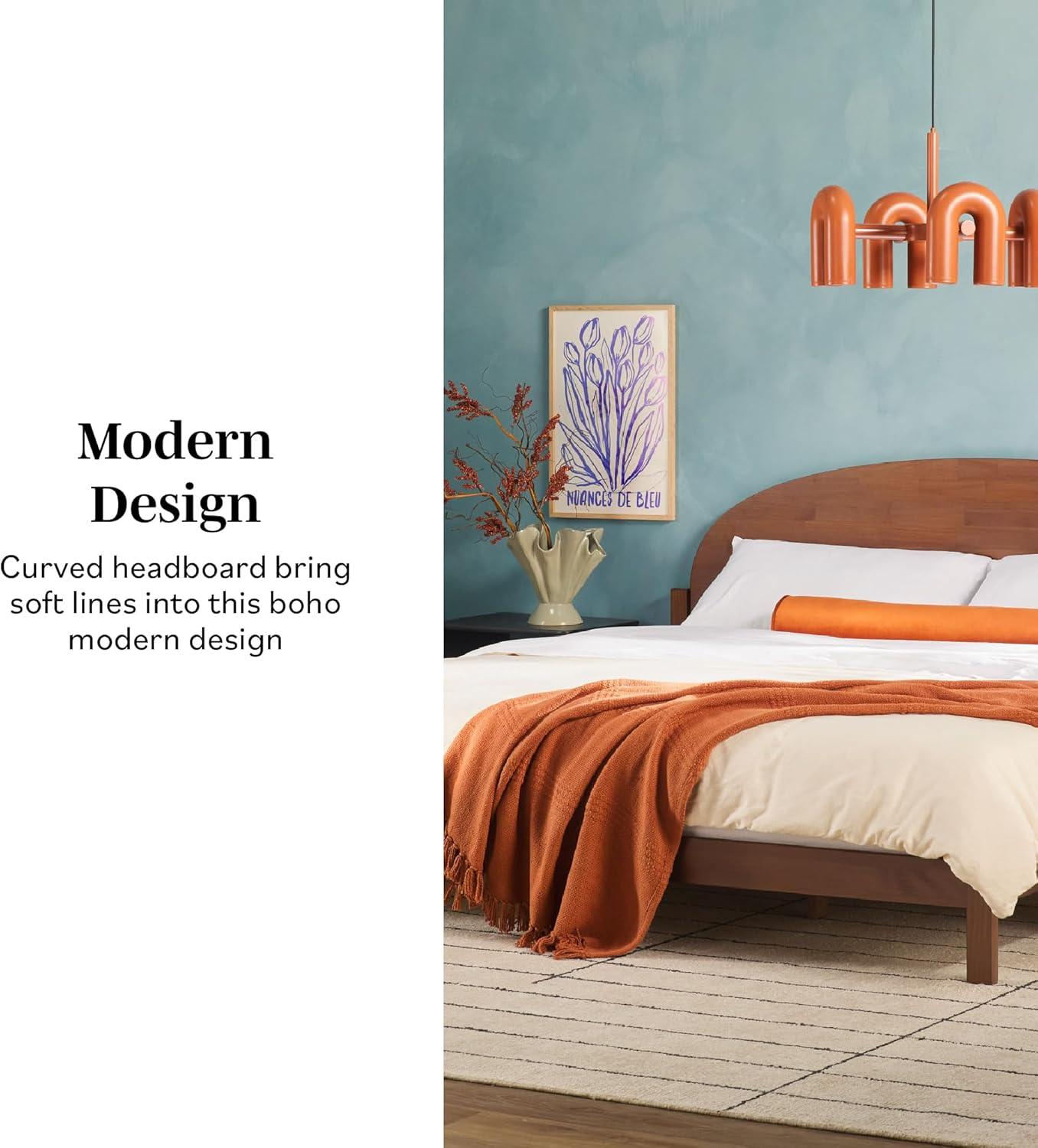 imageWalker Edison King Boho Arched Headboard Solid Pine Bed Platform Style No Box Spring Required Modern Curved Design King Size Cerused WhiteBrown