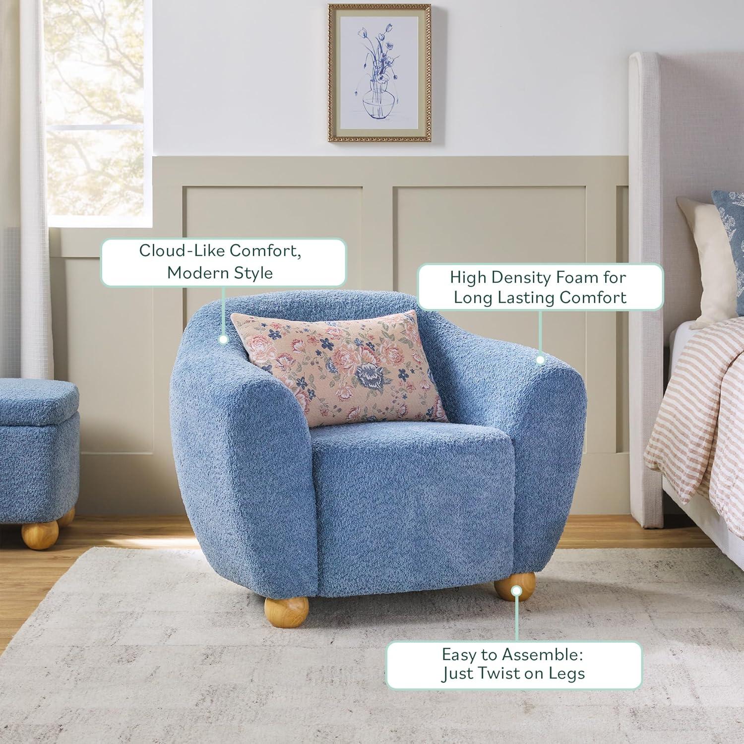 imageWalker Edison Linley Contemporary Boucl Accent Chair with Wood Legs IvorySoft Blue