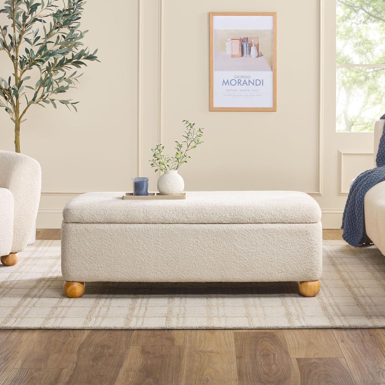 imageWalker Edison Linley Contemporary Small Storage Boucl Ottoman with Wood Legs IvoryIvory