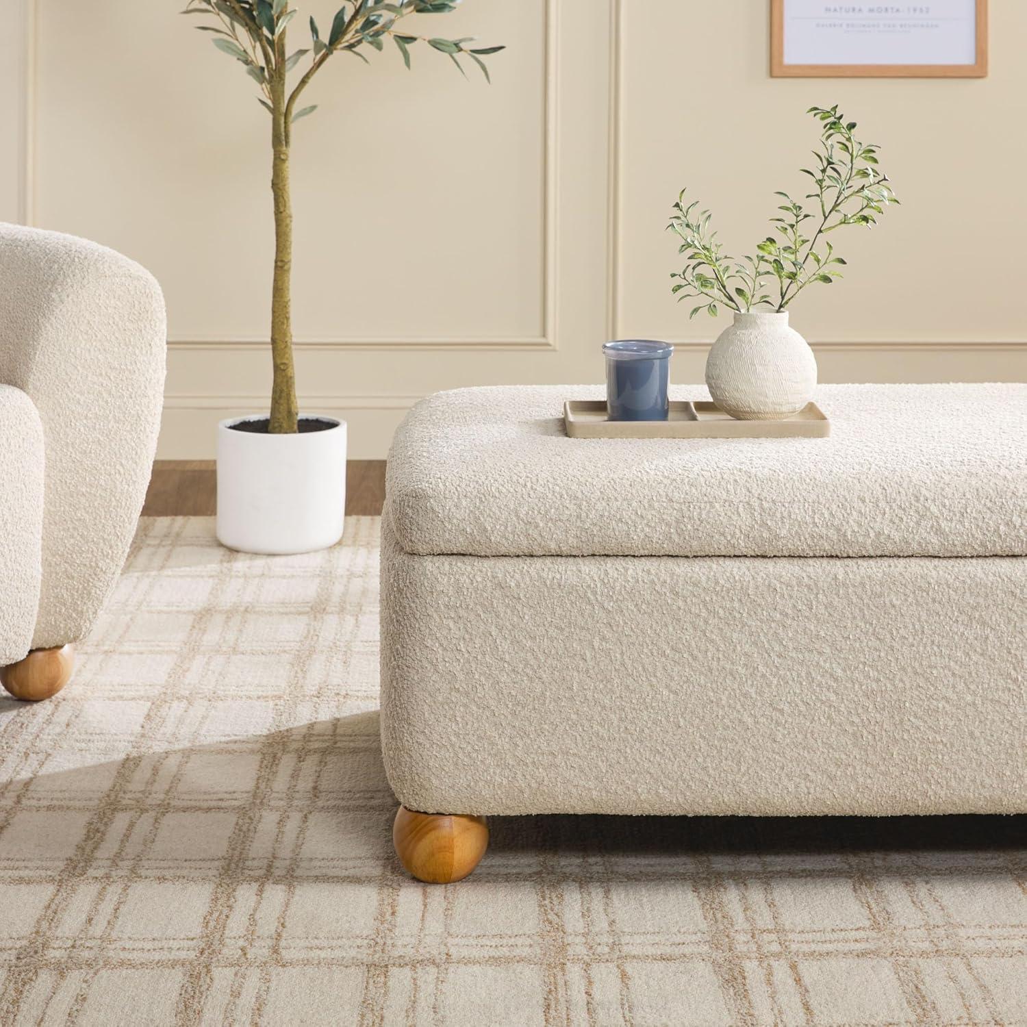 imageWalker Edison Linley Contemporary Small Storage Boucl Ottoman with Wood Legs IvoryIvory