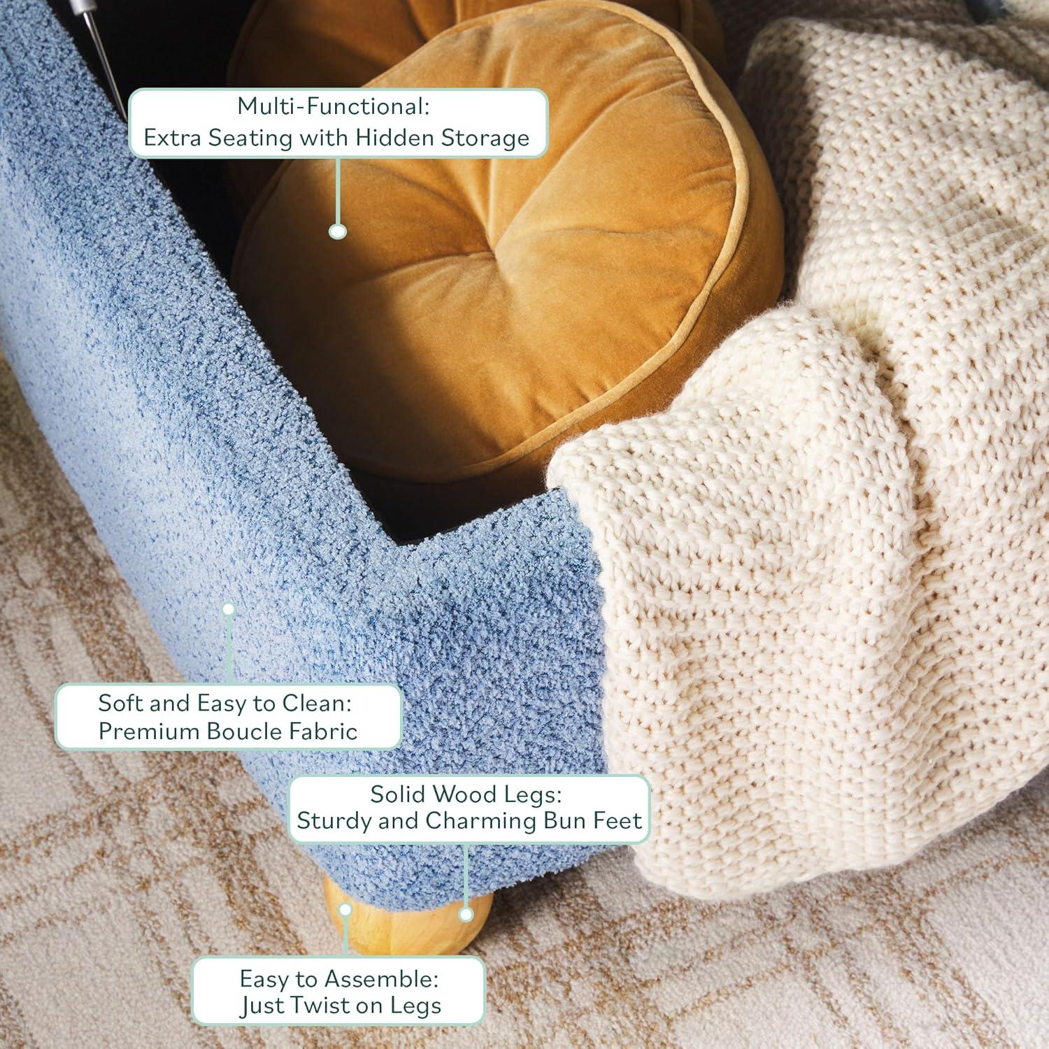 imageWalker Edison Linley Contemporary Small Storage Boucl Ottoman with Wood Legs IvorySoft Blue