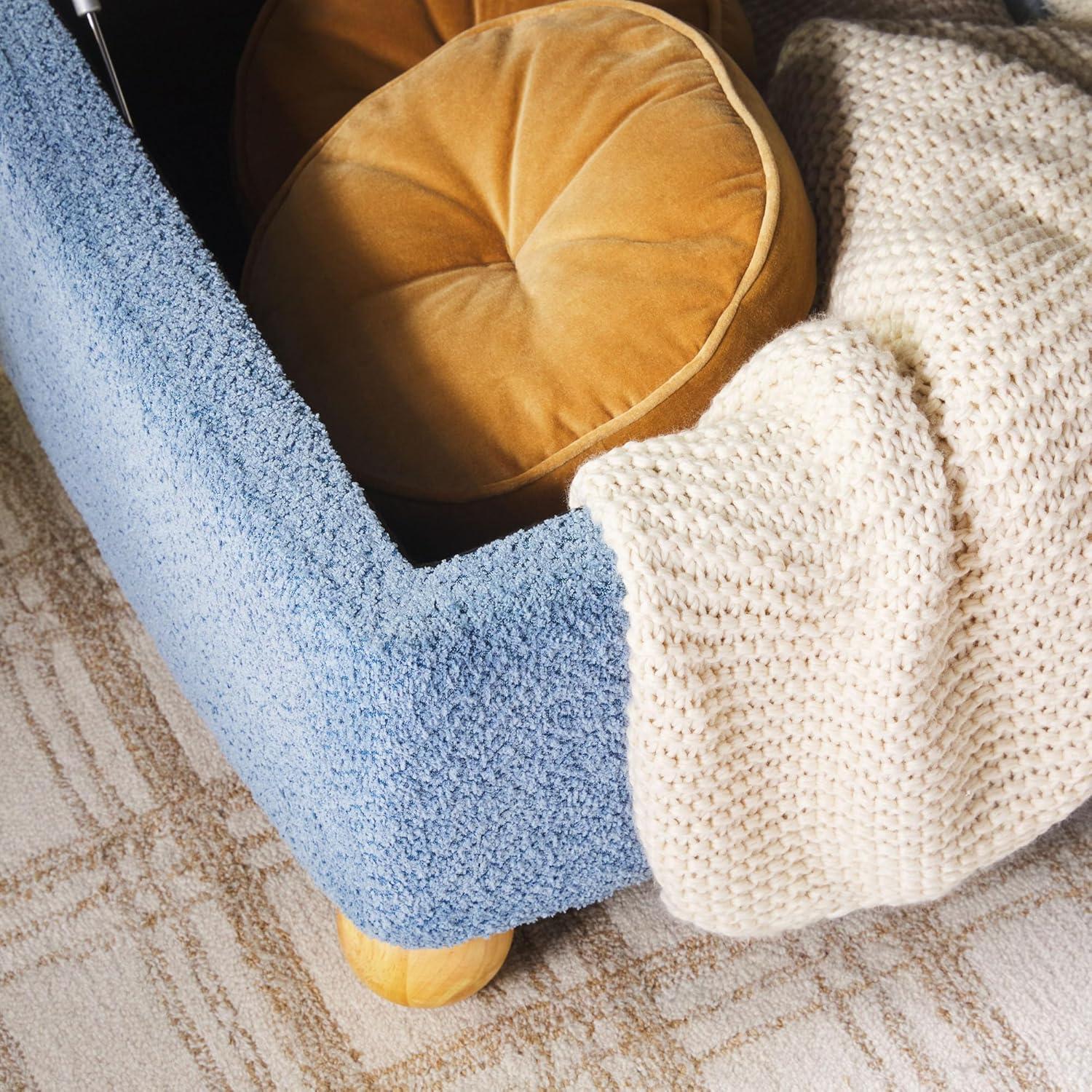 imageWalker Edison Linley Contemporary Small Storage Boucl Ottoman with Wood Legs IvorySoft Blue