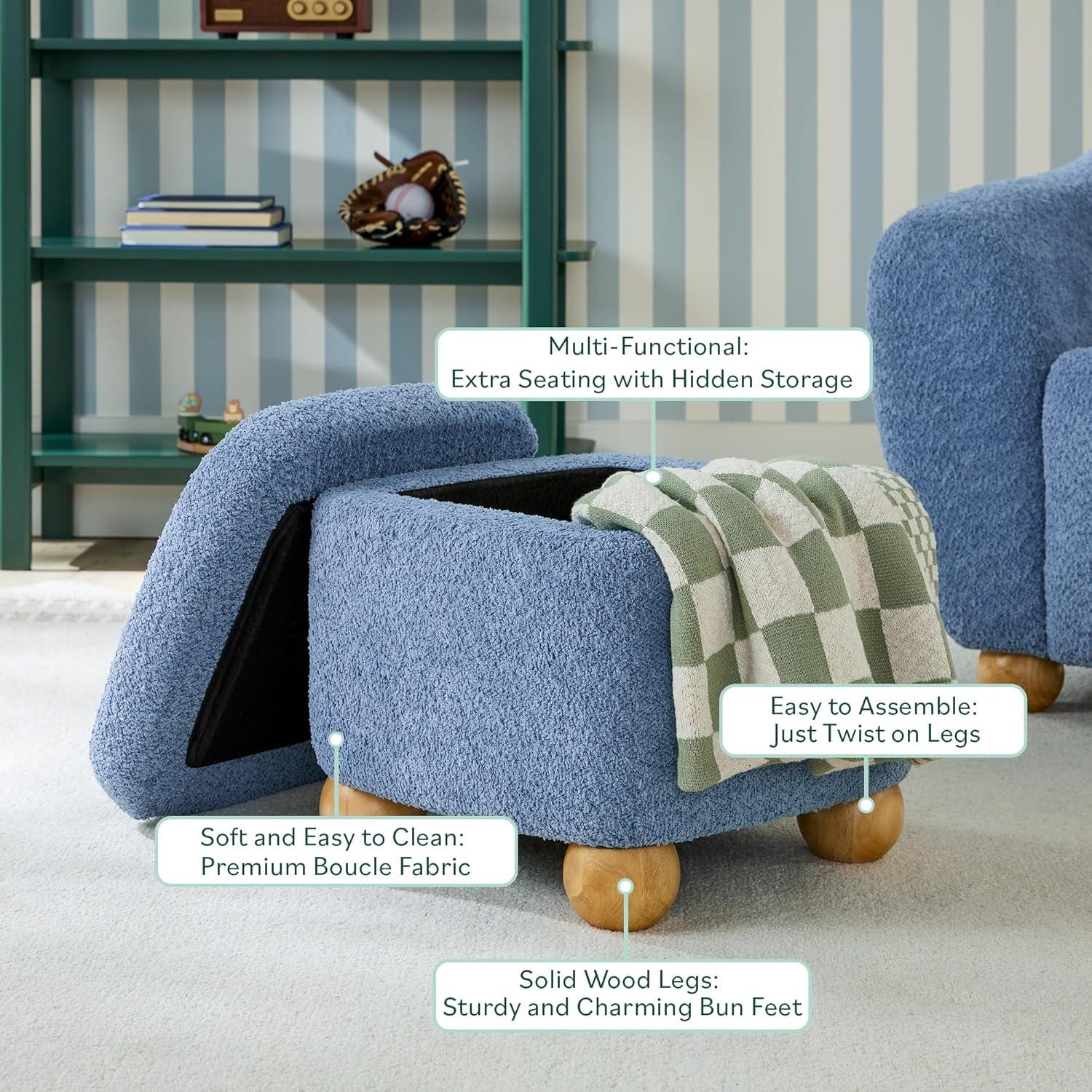 imageWalker Edison Linley Contemporary Small Storage Boucl Ottoman with Wood Legs IvorySoft Blue