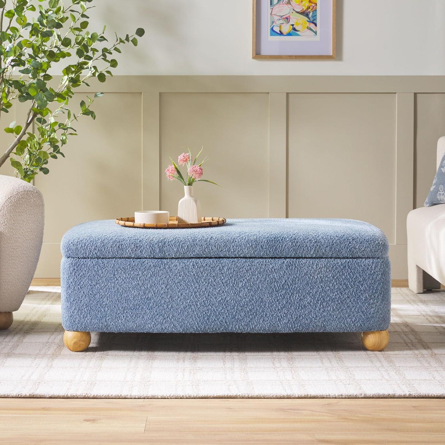 imageWalker Edison Linley Contemporary Small Storage Boucl Ottoman with Wood Legs IvorySoft Blue