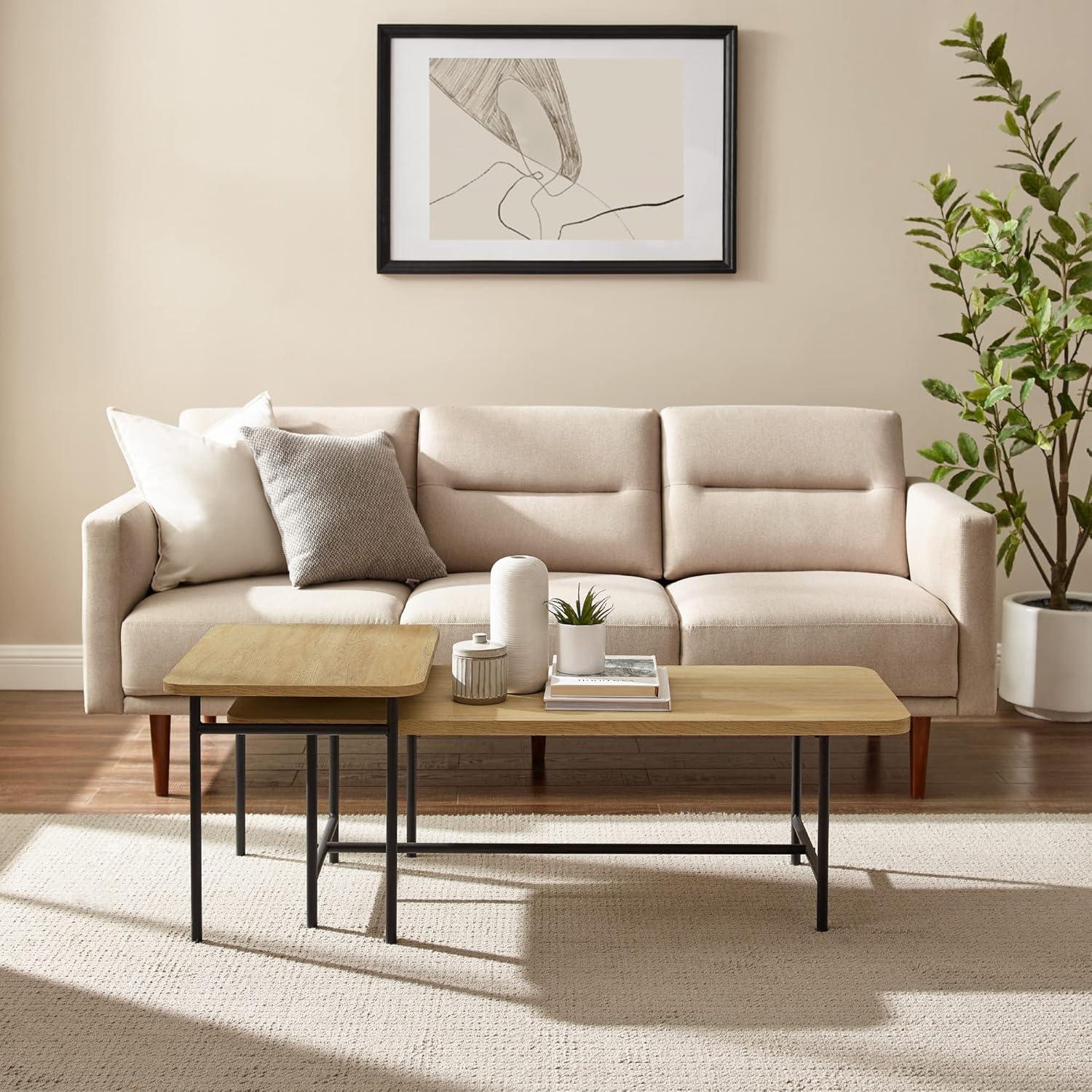 imageWalker Edison Lyson Modern Minimalist Rectangular Nesting Tables Set of 2 Dark WalnutCoastal Oak