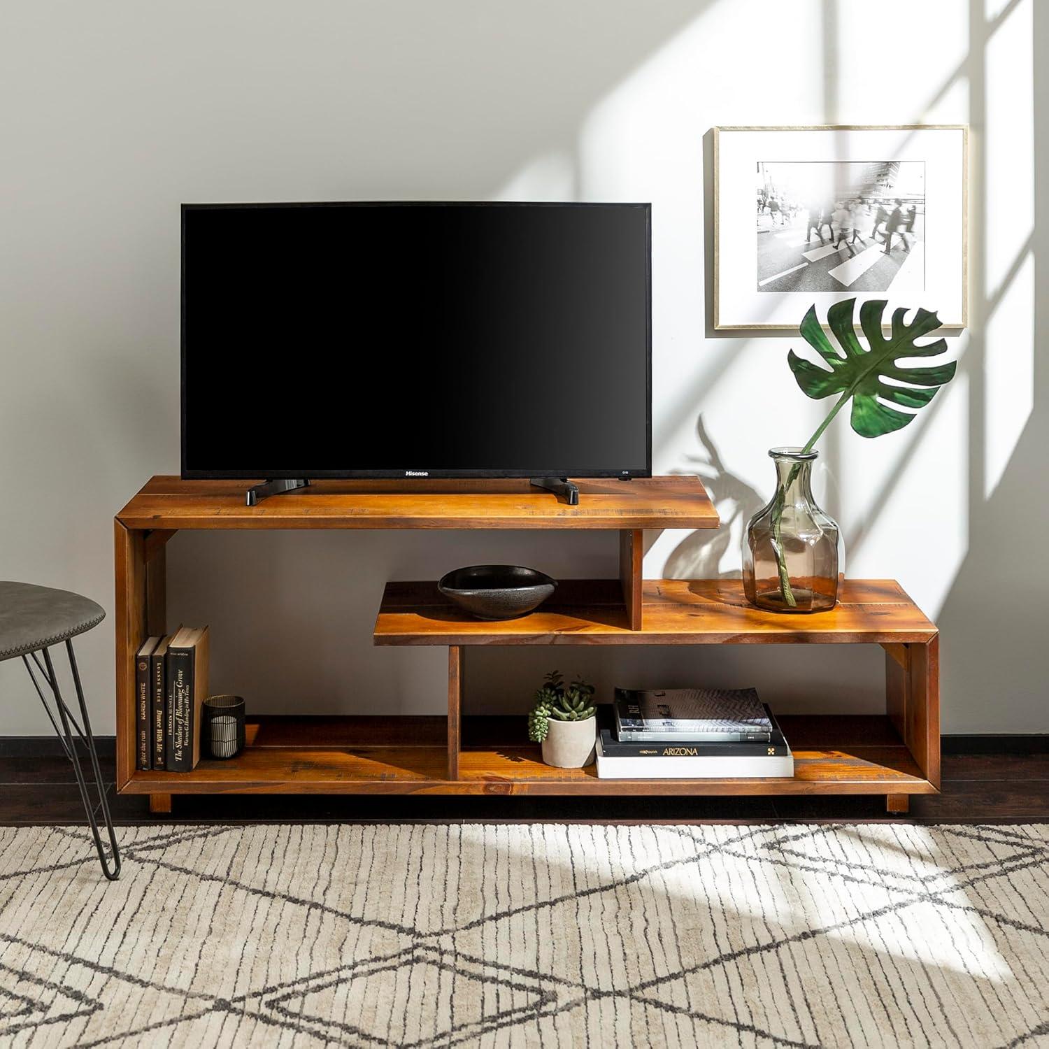 imageWalker Edison Meier Contemporary 2 Tier Asymmetrical Solid Wood TV Stand for TVs up to 50 Inches 60 Inch AmberAmber