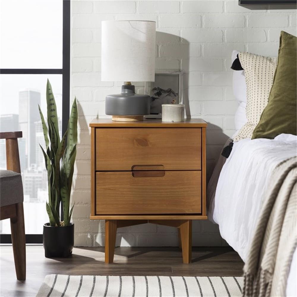 imageWalker Edison Mid Century Modern Grooved Handle Wood Nightstand Side Table Bedroom Storage Drawer and Shelf Bedside End Table 2 Drawer CaramelCaramel