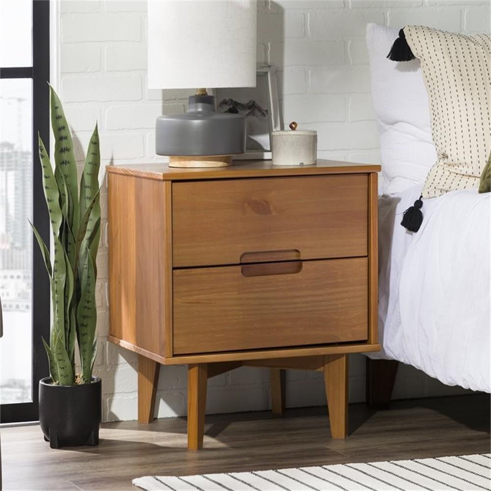 imageWalker Edison Mid Century Modern Grooved Handle Wood Nightstand Side Table Bedroom Storage Drawer and Shelf Bedside End Table 2 Drawer CaramelCaramel