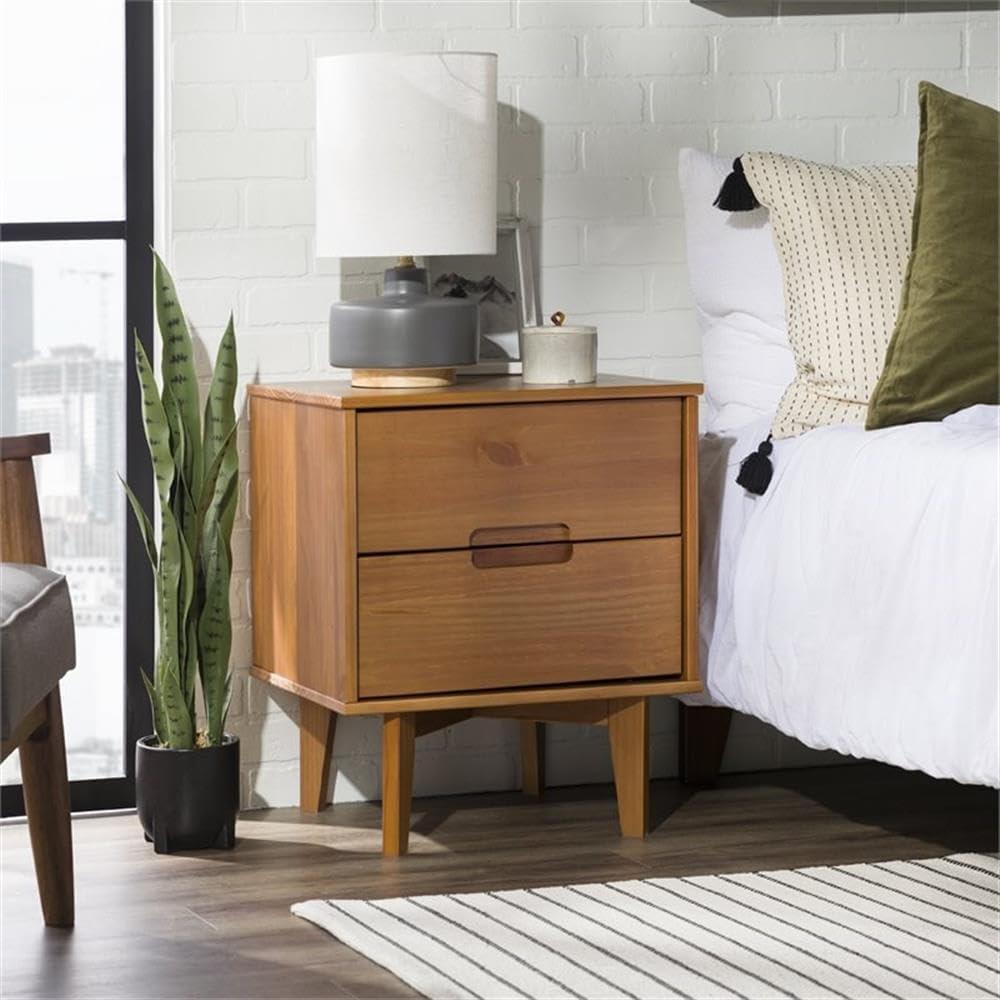 imageWalker Edison Mid Century Modern Grooved Handle Wood Nightstand Side Table Bedroom Storage Drawer and Shelf Bedside End Table 2 Drawer CaramelCaramel