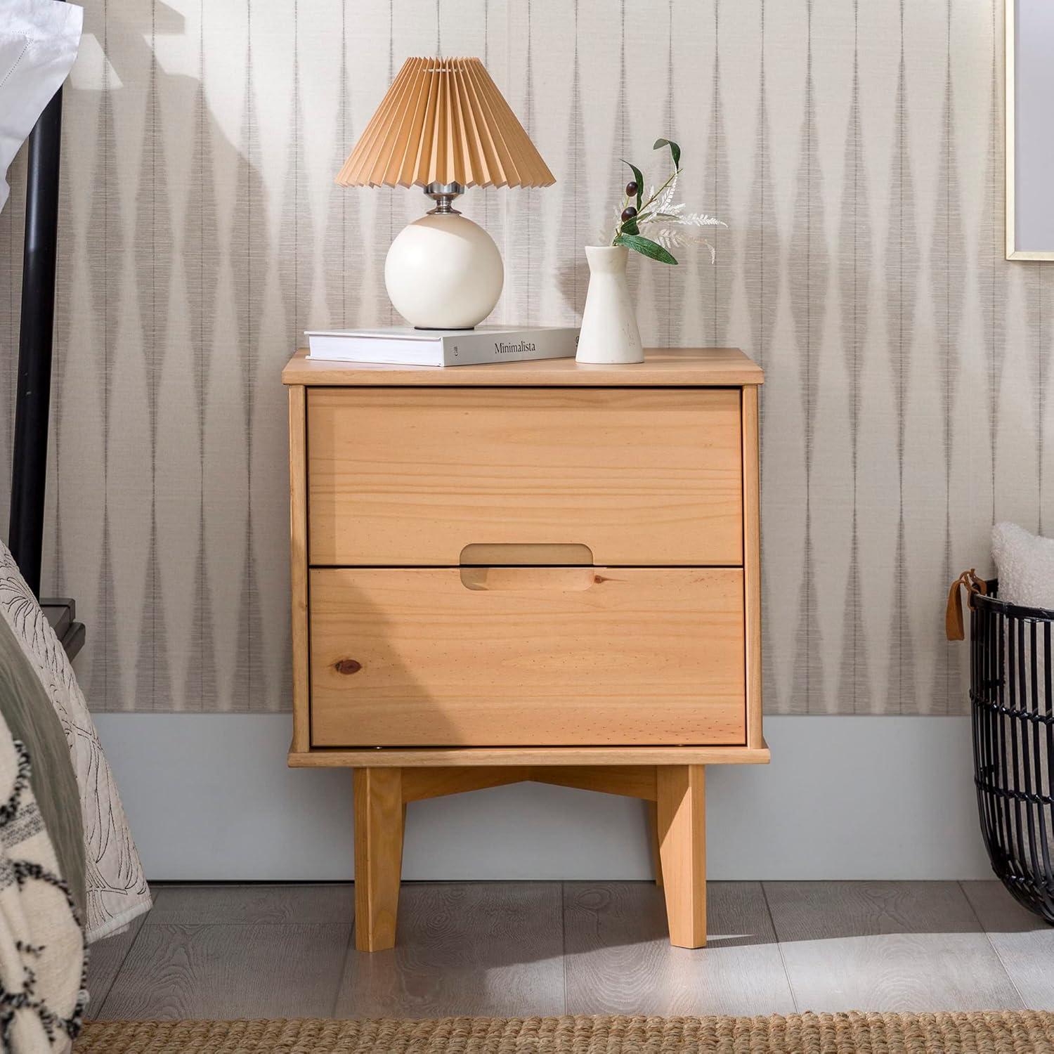 imageWalker Edison Mid Century Modern Grooved Handle Wood Nightstand Side Table Bedroom Storage Drawer and Shelf Bedside End Table 2 Drawer CaramelNatural Pine