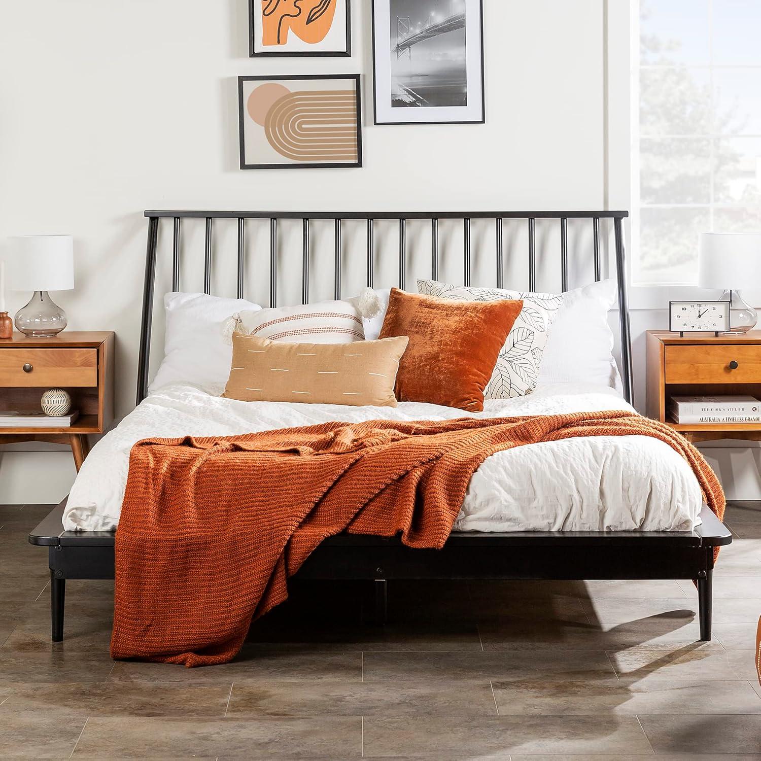 imageWalker Edison Mid Century Modern Solid Wood Spindle Platform Bed Headboard Footboard Bed Frame Bedroom Queen CaramelBlack