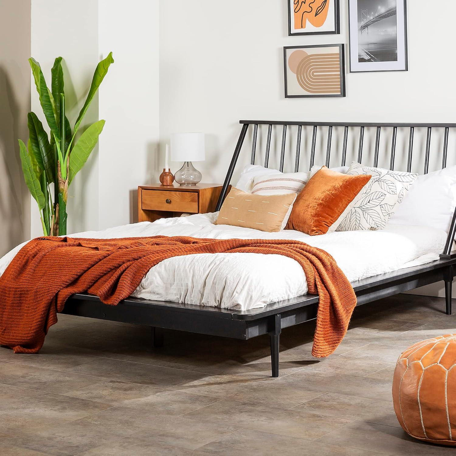 imageWalker Edison Mid Century Modern Solid Wood Spindle Platform Bed Headboard Footboard Bed Frame Bedroom Queen CaramelBlack