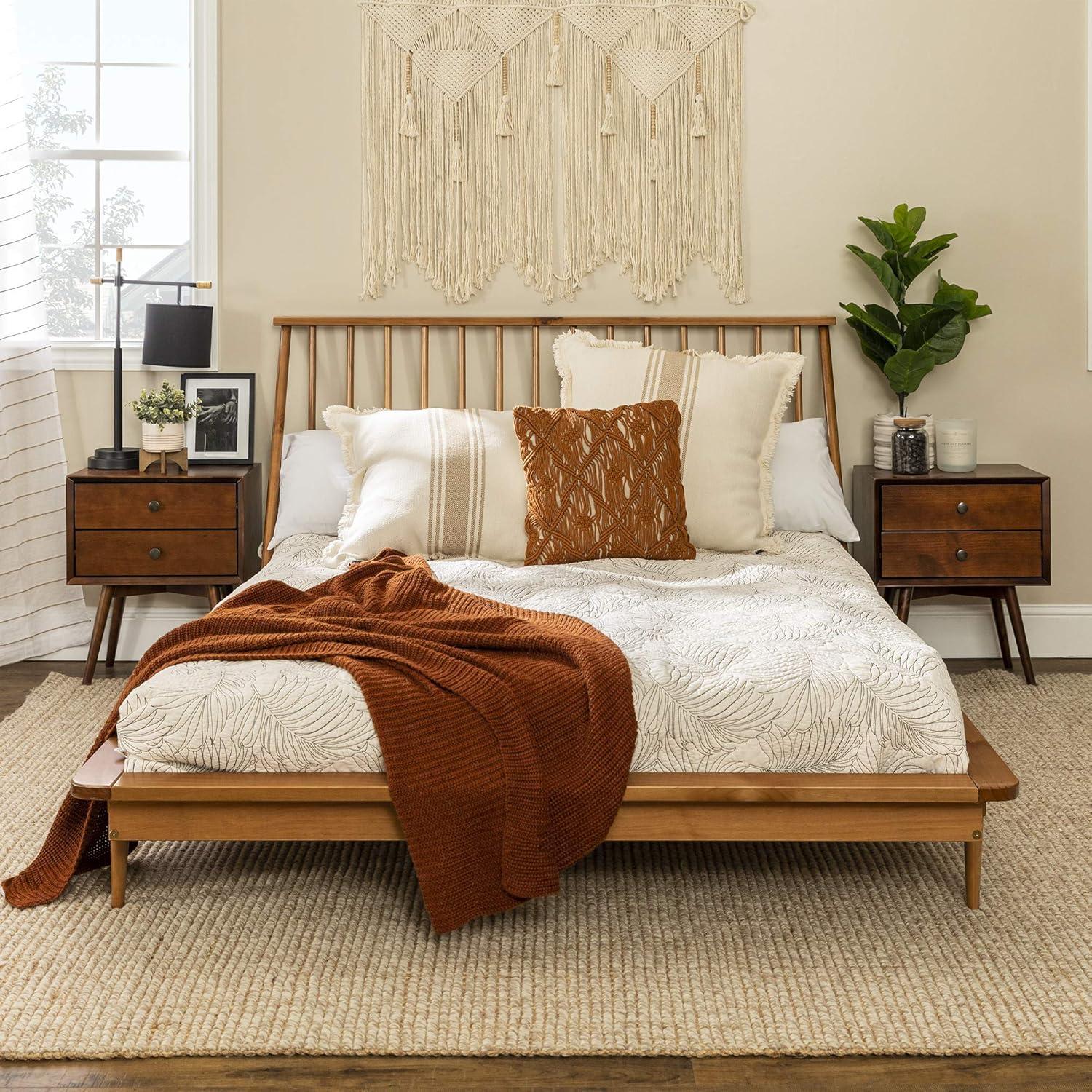 imageWalker Edison Mid Century Modern Solid Wood Spindle Platform Bed Headboard Footboard Bed Frame Bedroom Queen CaramelCaramel