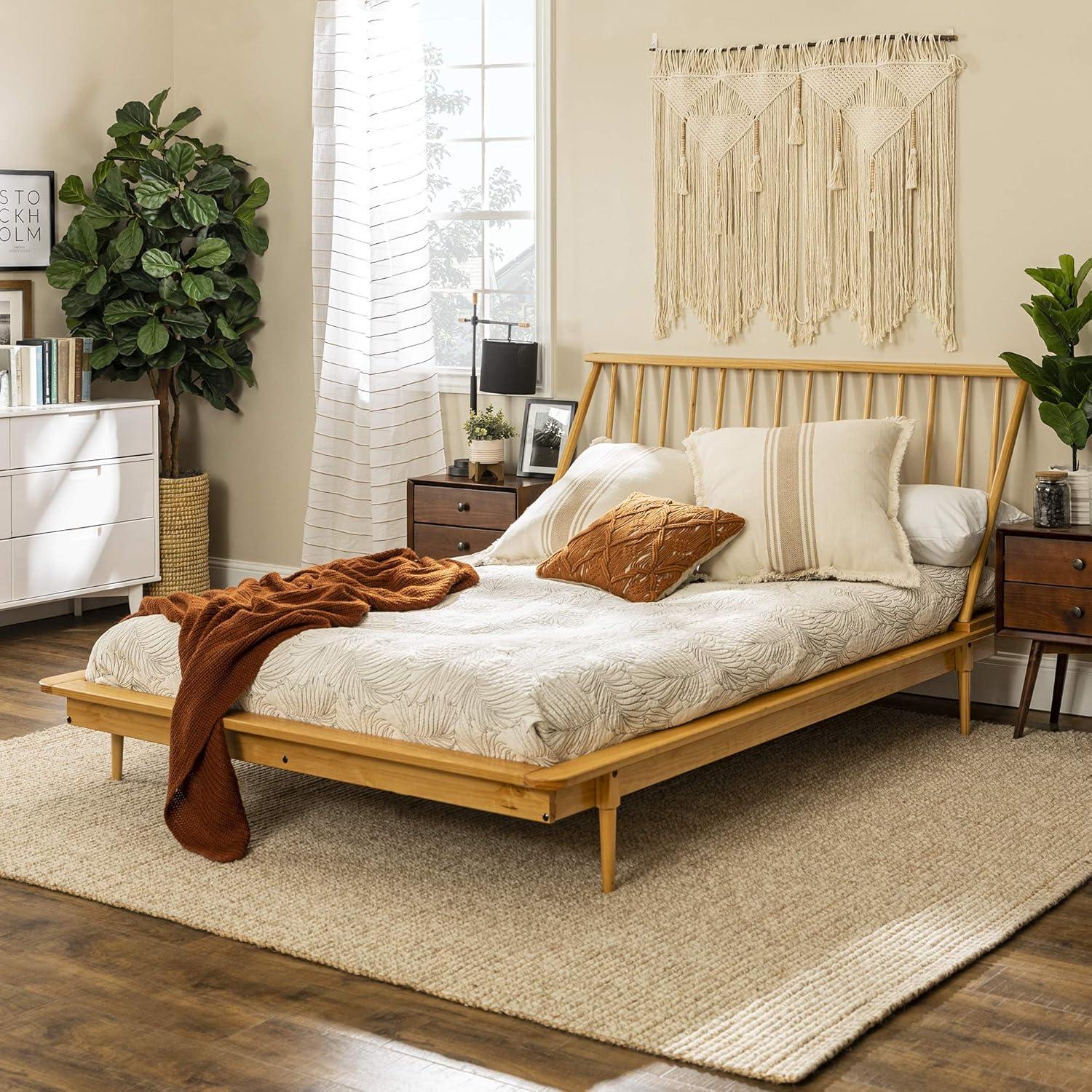 imageWalker Edison Mid Century Modern Solid Wood Spindle Platform Bed Headboard Footboard Bed Frame Bedroom Queen CaramelLight Oak